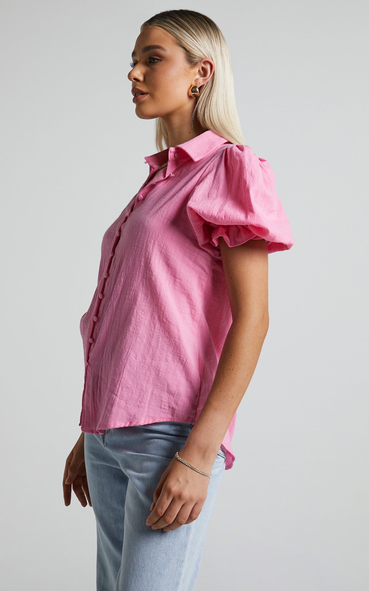 Jhelia Top - Puff Sleeve Button Up Blouse in Candy Pink