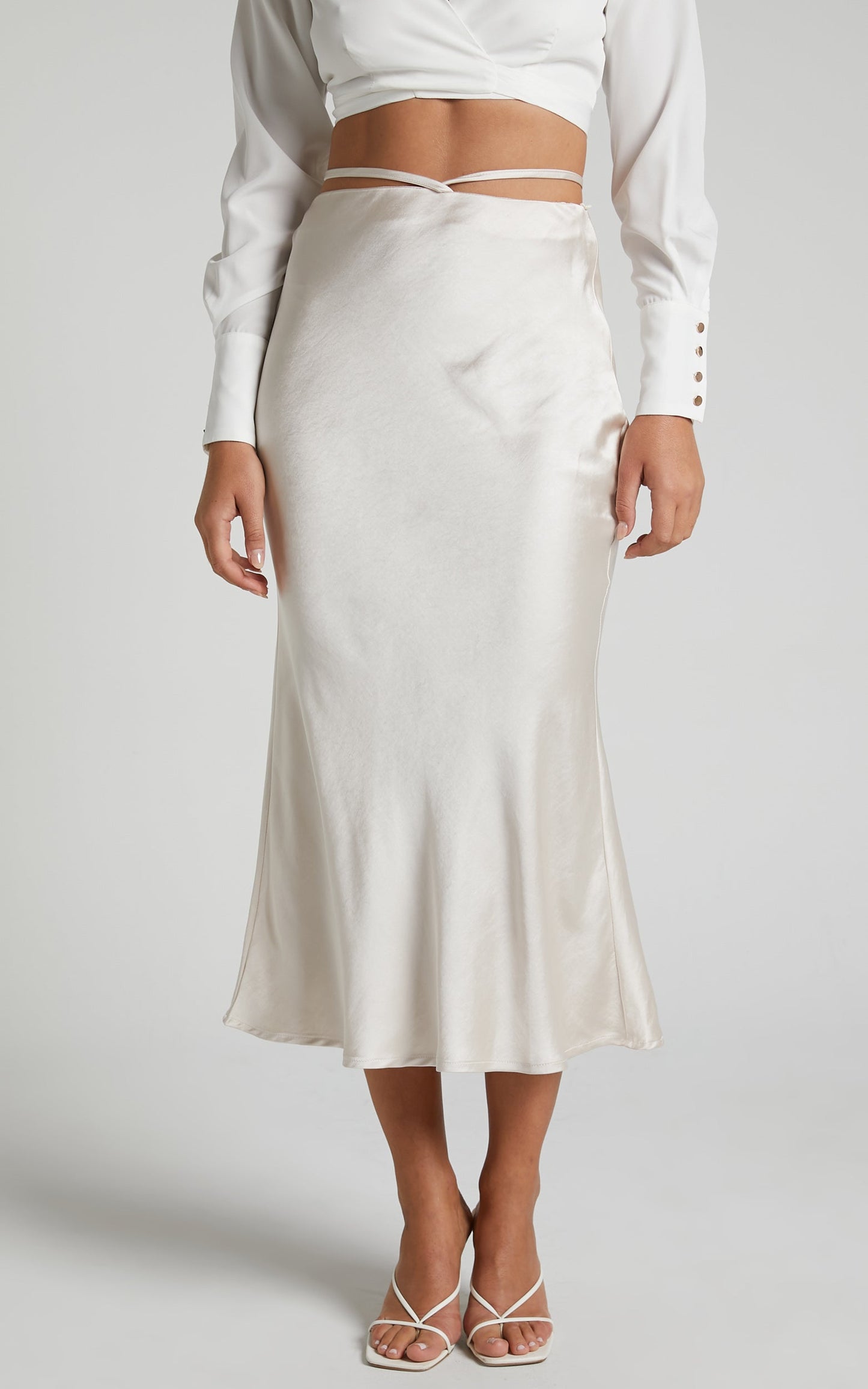 Jianna Midi Skirt - Tie Waist Slip Skirt in Oyster