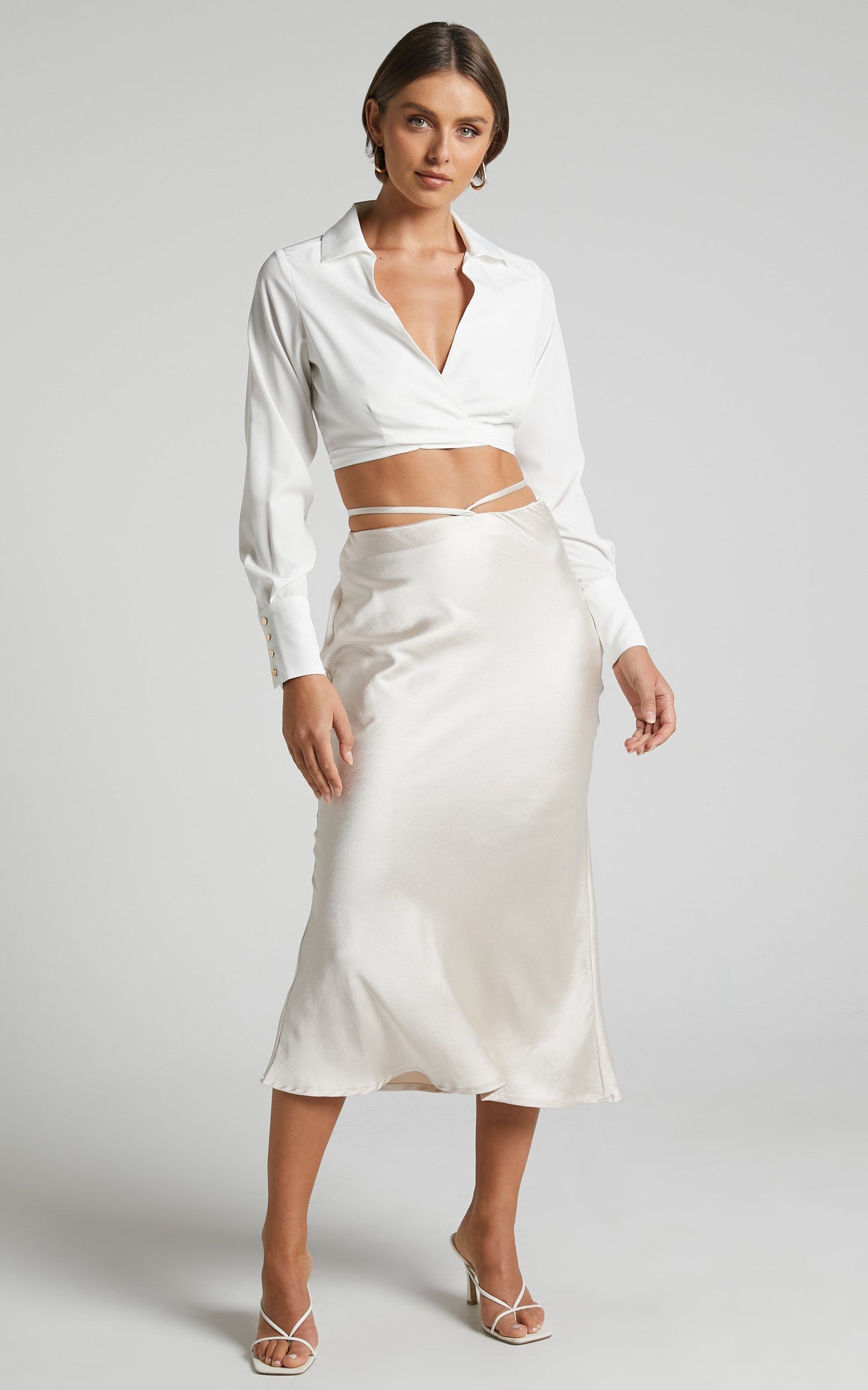 Jianna Midi Skirt - Tie Waist Slip Skirt in Oyster