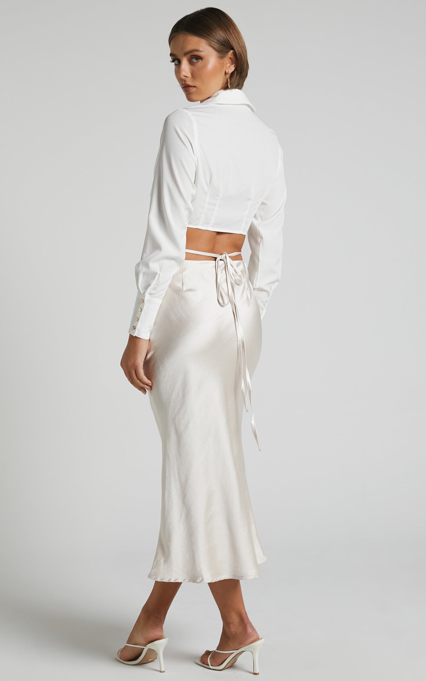 Jianna Midi Skirt - Tie Waist Slip Skirt in Oyster
