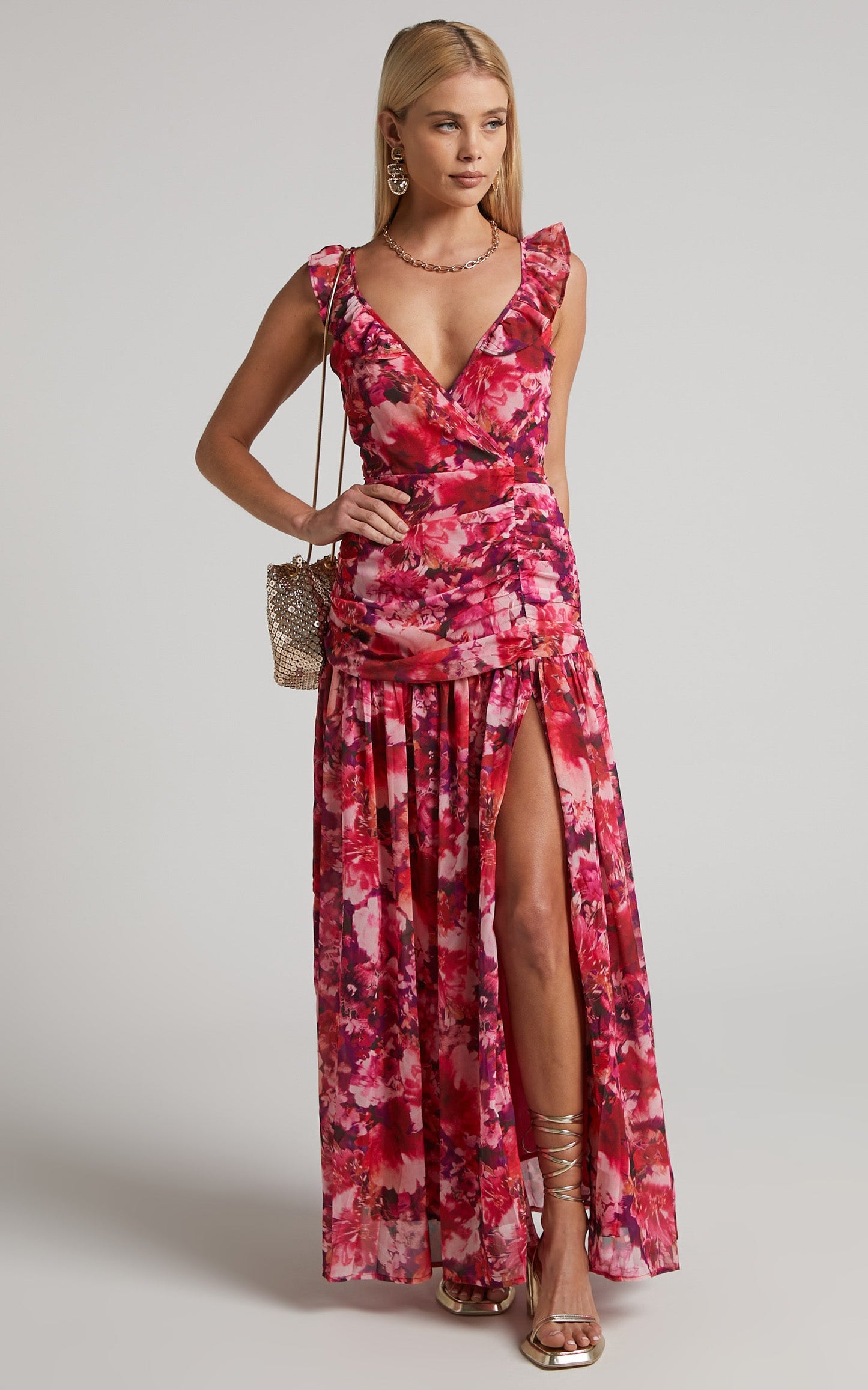 Jilliane Maxi Dress - Ruched Thigh Split Dress in Fuchsia Frenzy