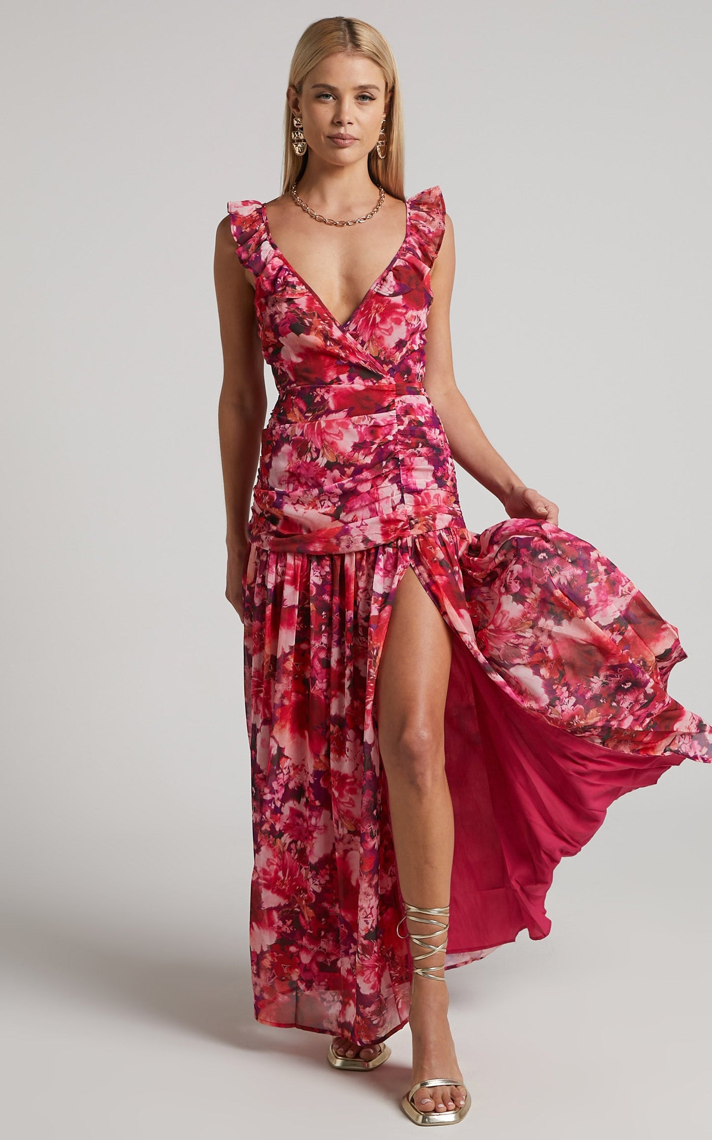 Jilliane Maxi Dress - Ruched Thigh Split Dress in Fuchsia Frenzy