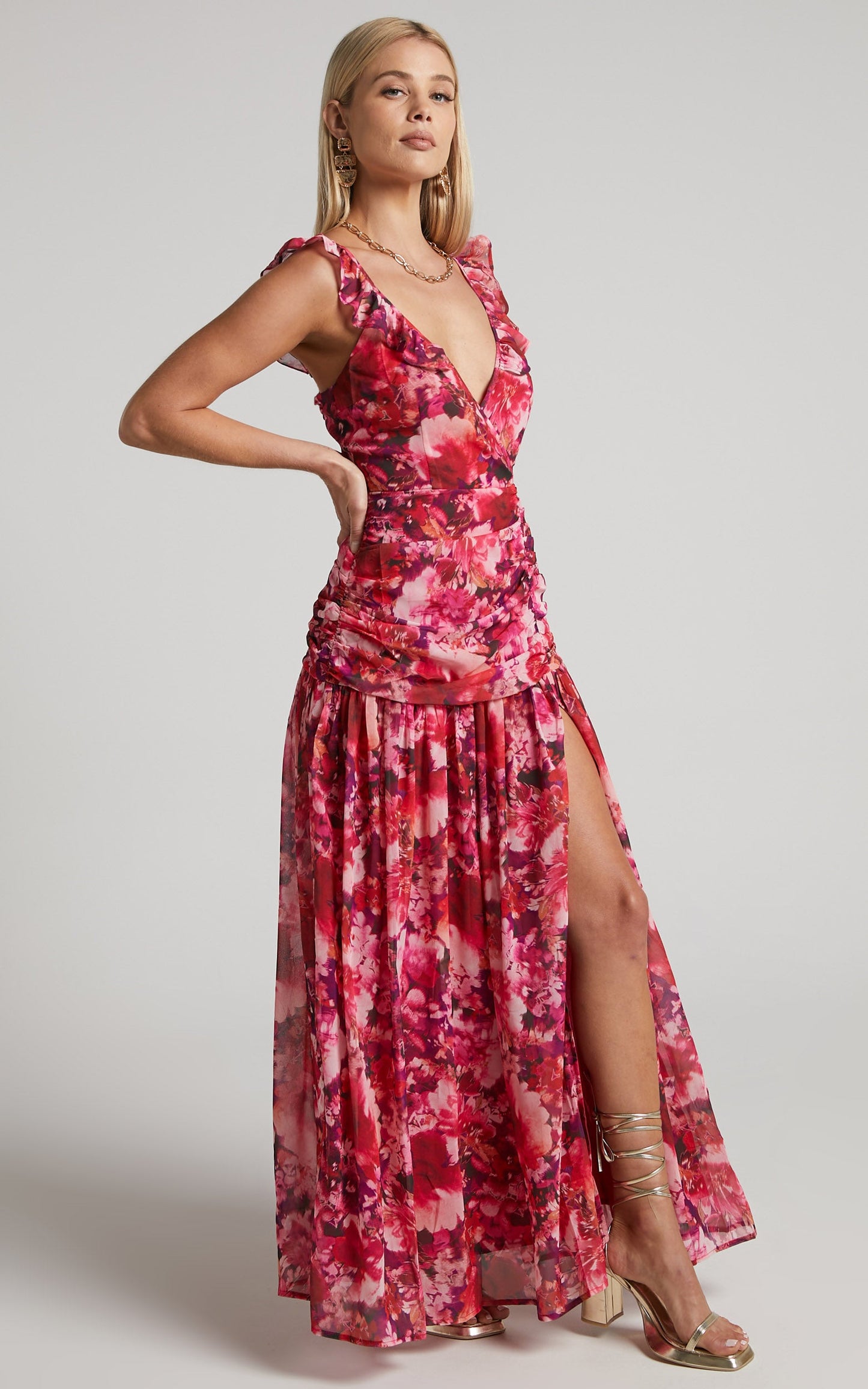 Jilliane Maxi Dress - Ruched Thigh Split Dress in Fuchsia Frenzy