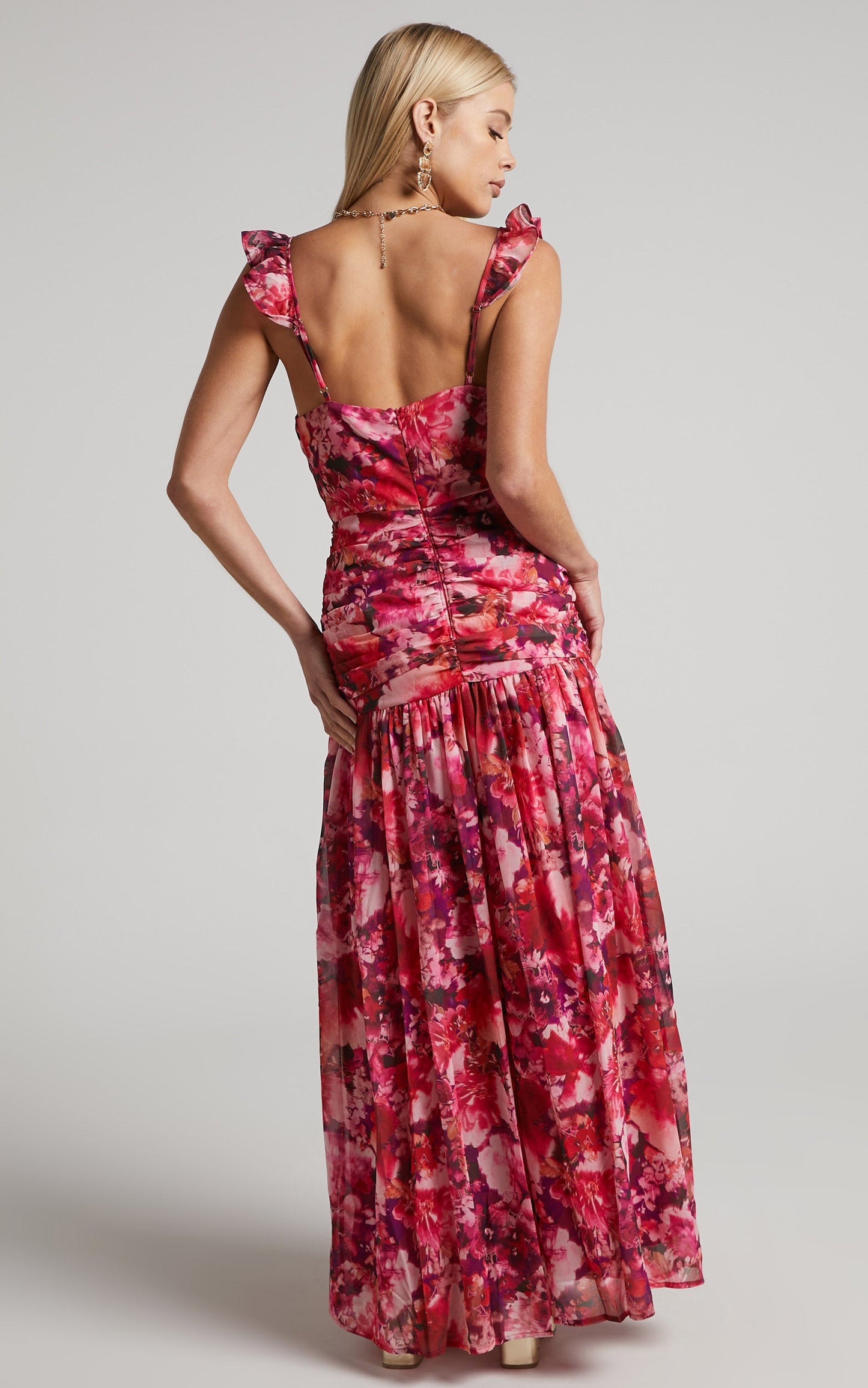 Jilliane Maxi Dress - Ruched Thigh Split Dress in Fuchsia Frenzy