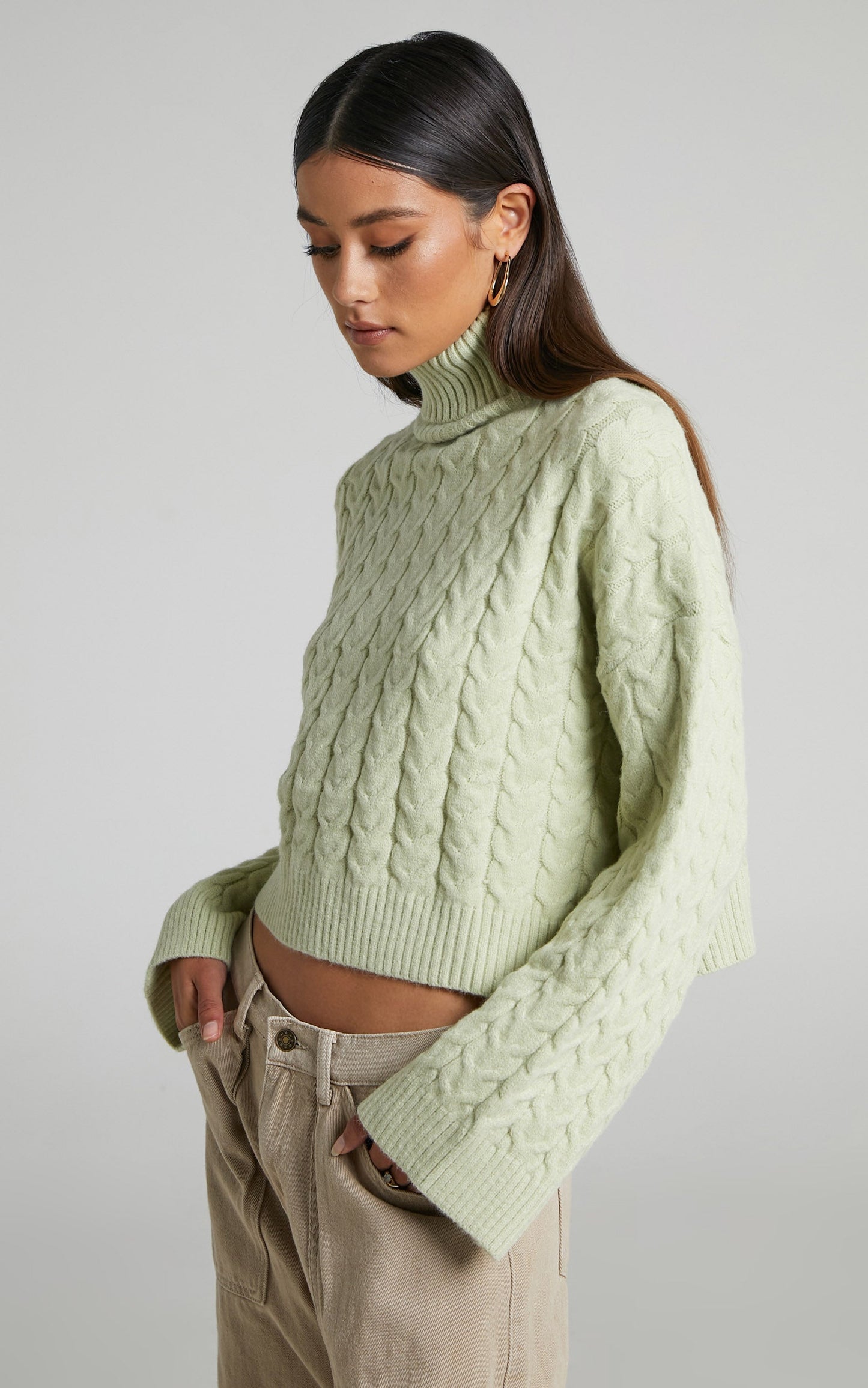 Jo Oversized Flare Sleeve Turtleneck Knit Jumper in Sage