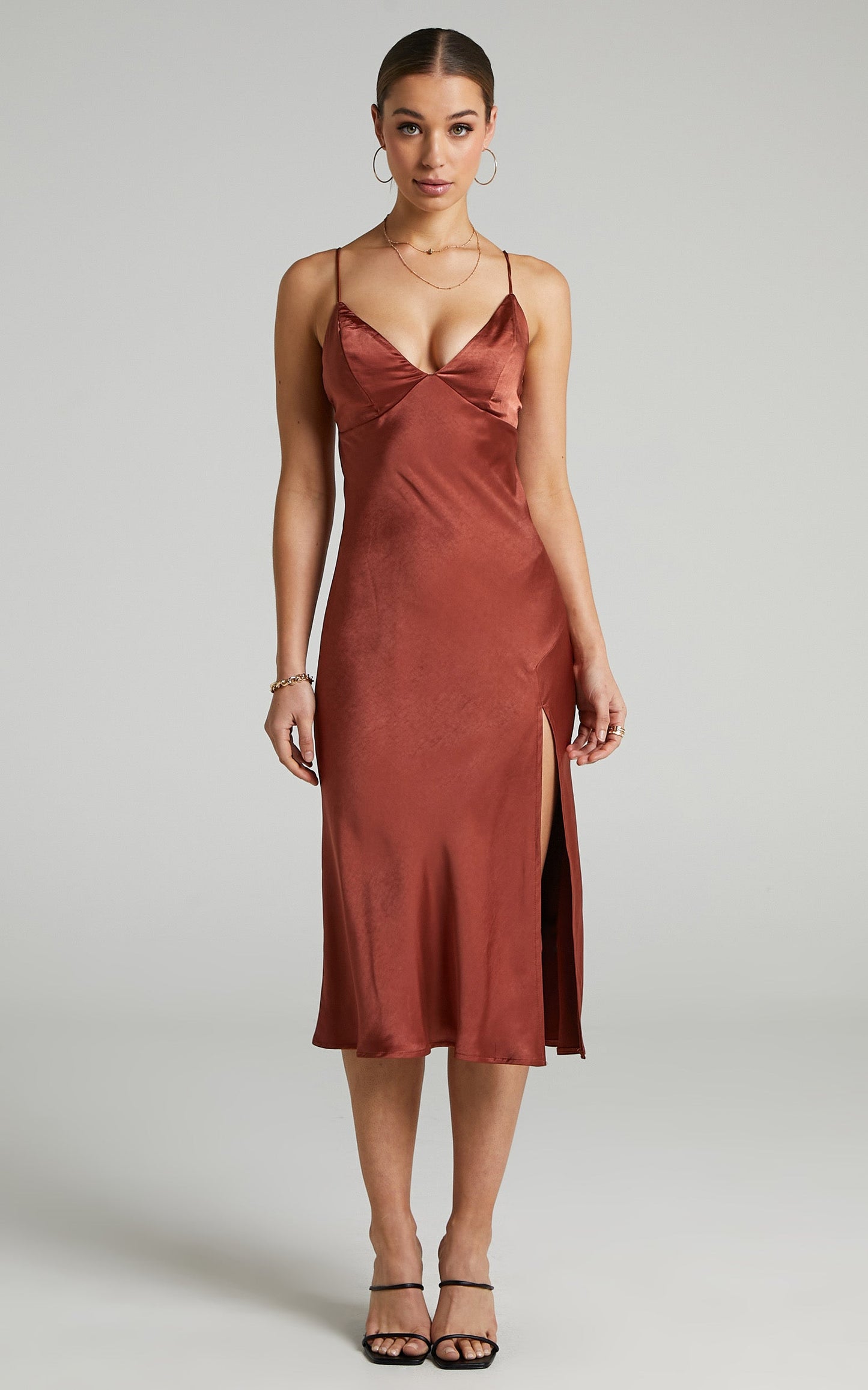Joahanna Midi Dress - Satin Slip Dress in Rust