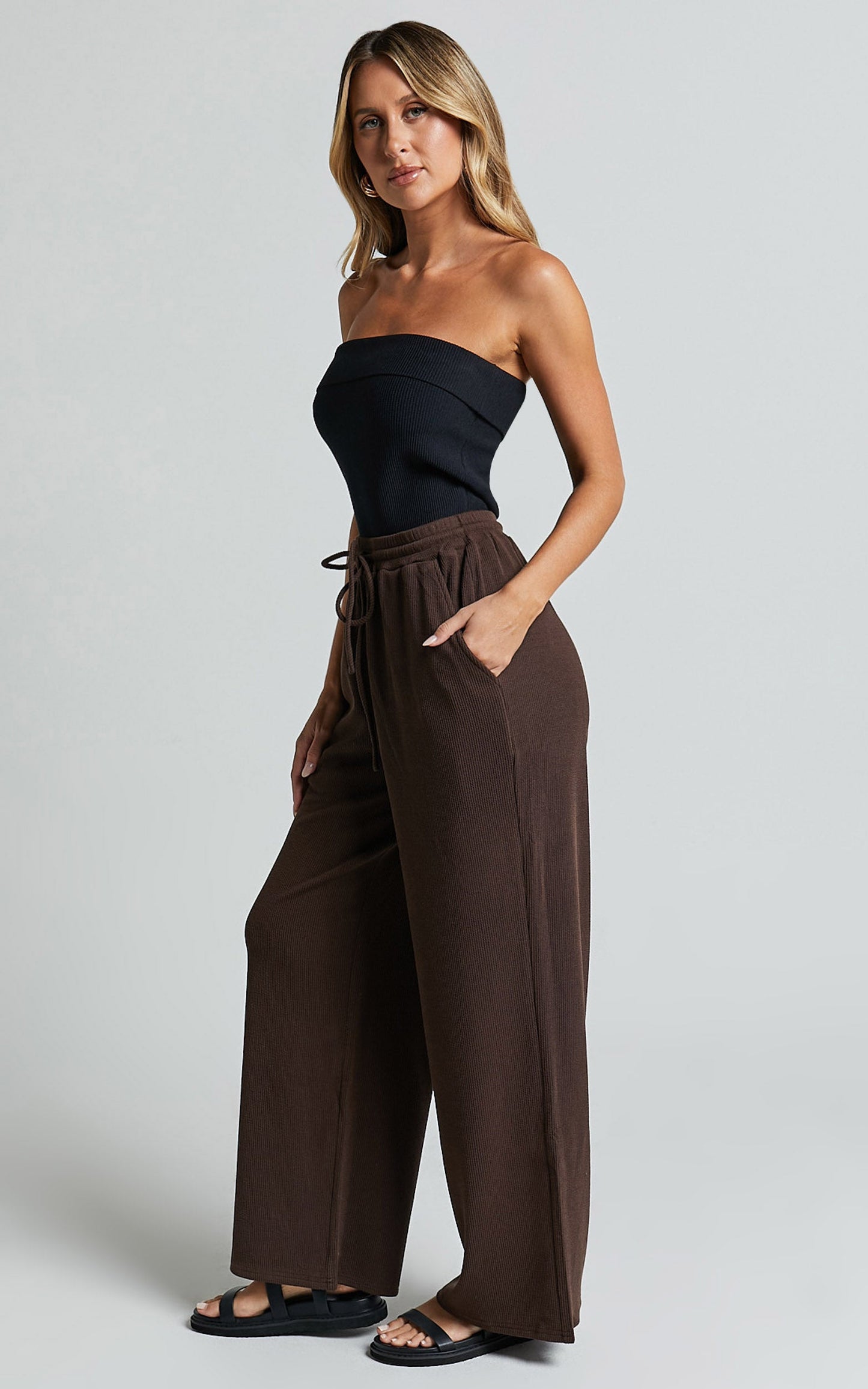 Joan Pants - High Waisted Ribbed Jersey Straight Leg Pants in Chocolate