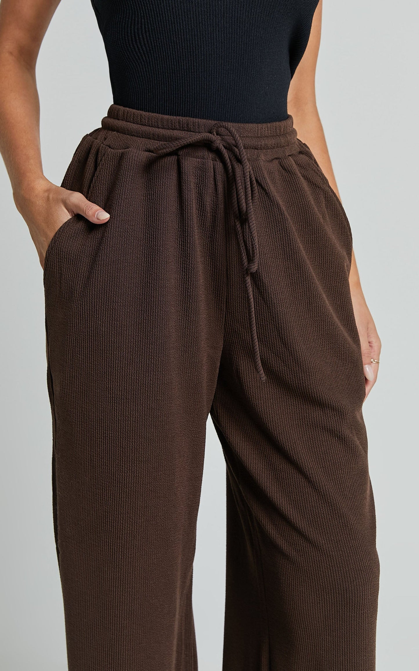 Joan Pants - High Waisted Ribbed Jersey Straight Leg Pants in Chocolate