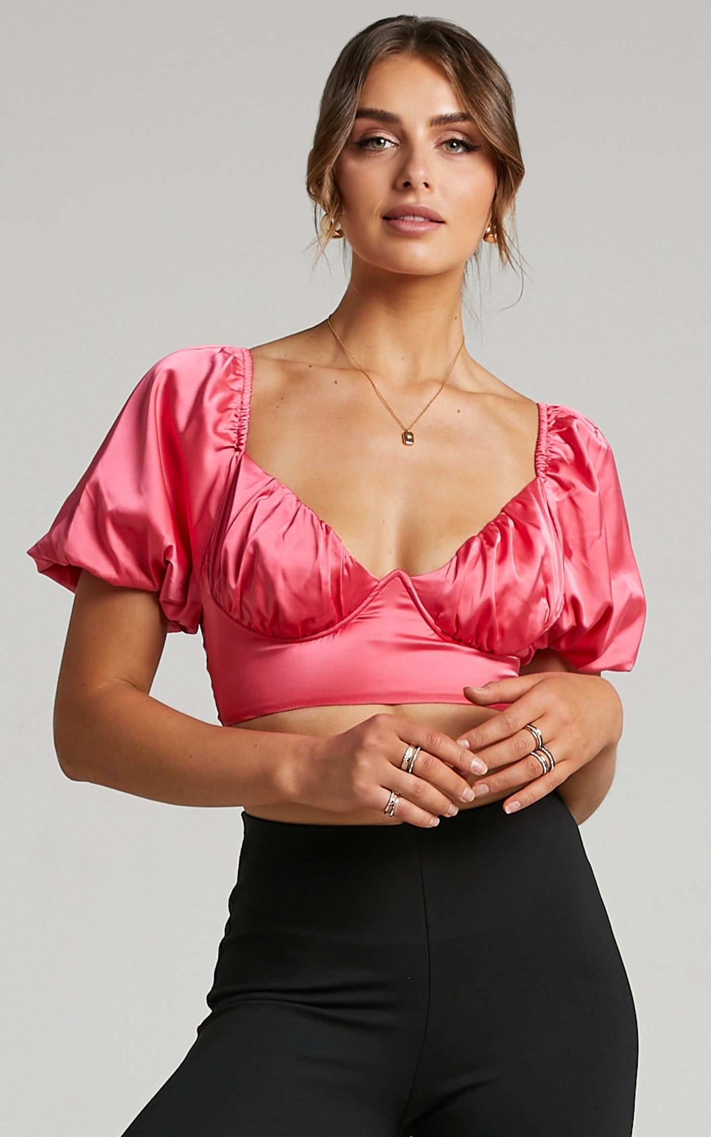 Joaquin Cropped Top with Underbust Wire and Puff Sleeves in Bubble Gum Pink Satin