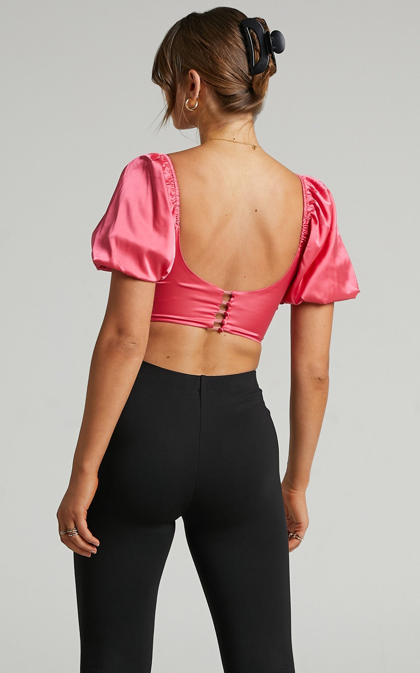 Joaquin Cropped Top with Underbust Wire and Puff Sleeves in Bubble Gum Pink Satin