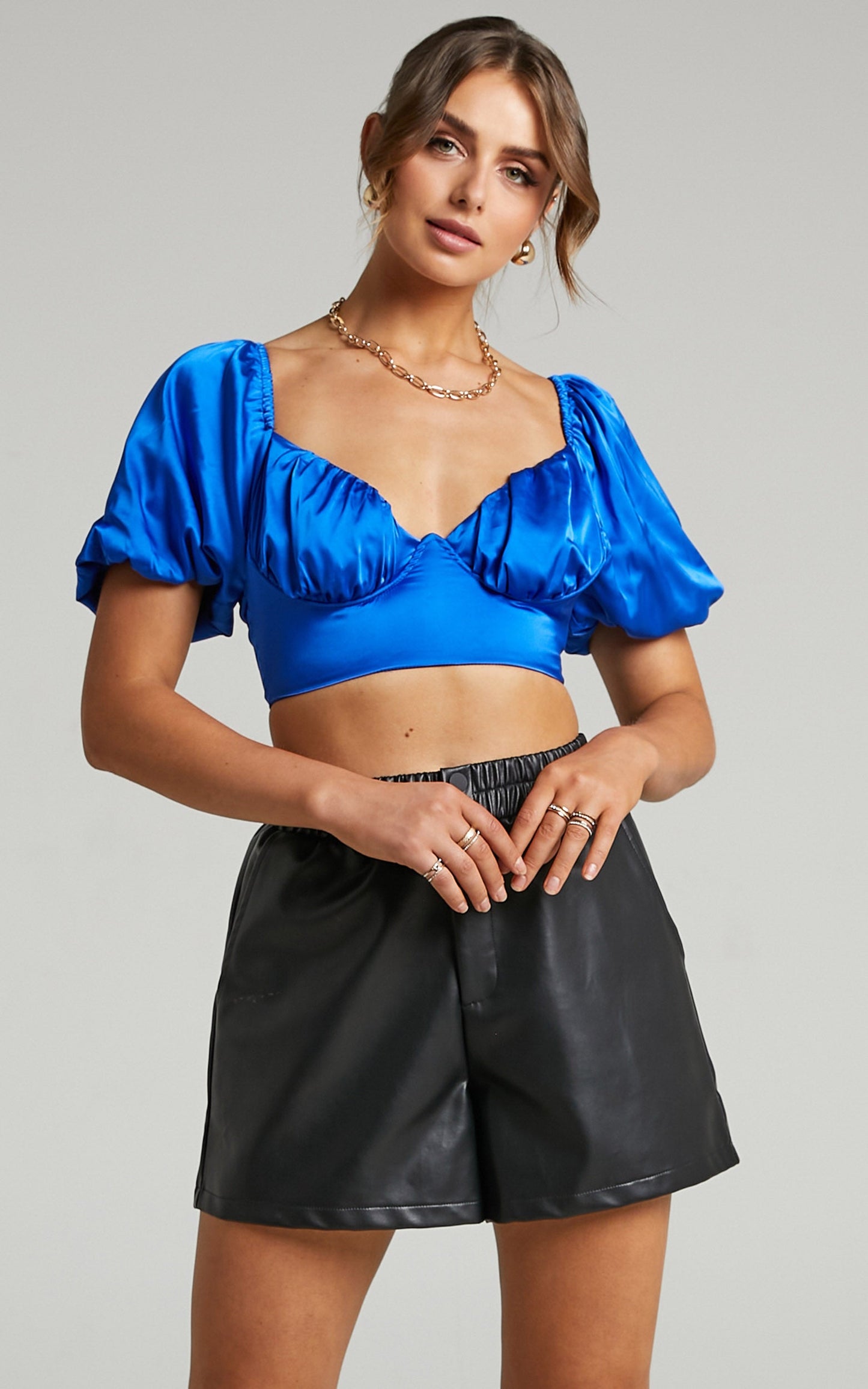 Joaquin Cropped Top with Underbust Wire and Puff Sleeves in Cobalt Satin