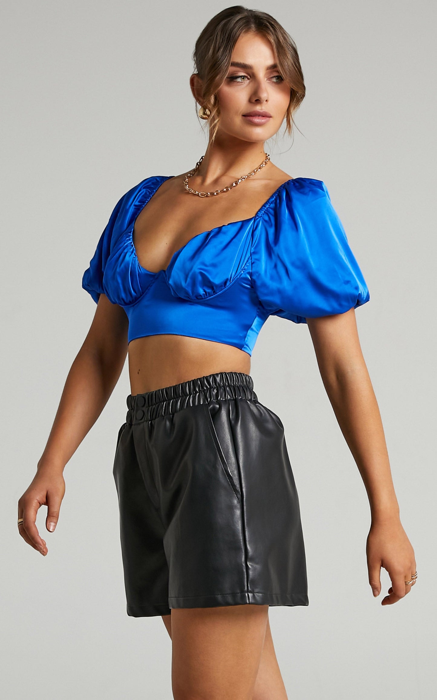 Joaquin Cropped Top with Underbust Wire and Puff Sleeves in Cobalt Satin