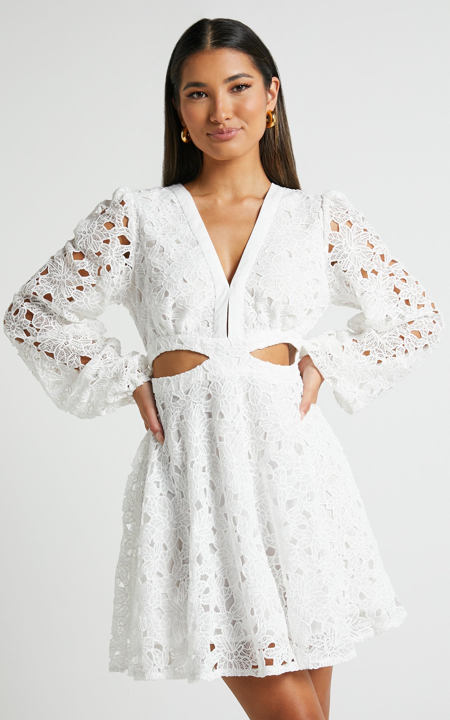 Jodee Mini Dress - Long Sleeve V Neck Broderie Dress in White