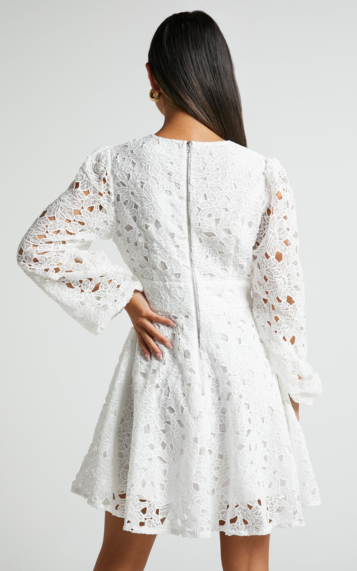 Jodee Mini Dress - Long Sleeve V Neck Broderie Dress in White