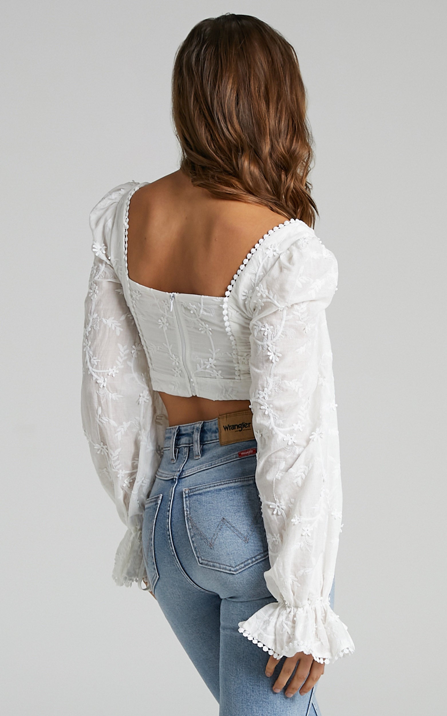 Johanna Top - Embroidery Anglaise Longsleeve Top in White