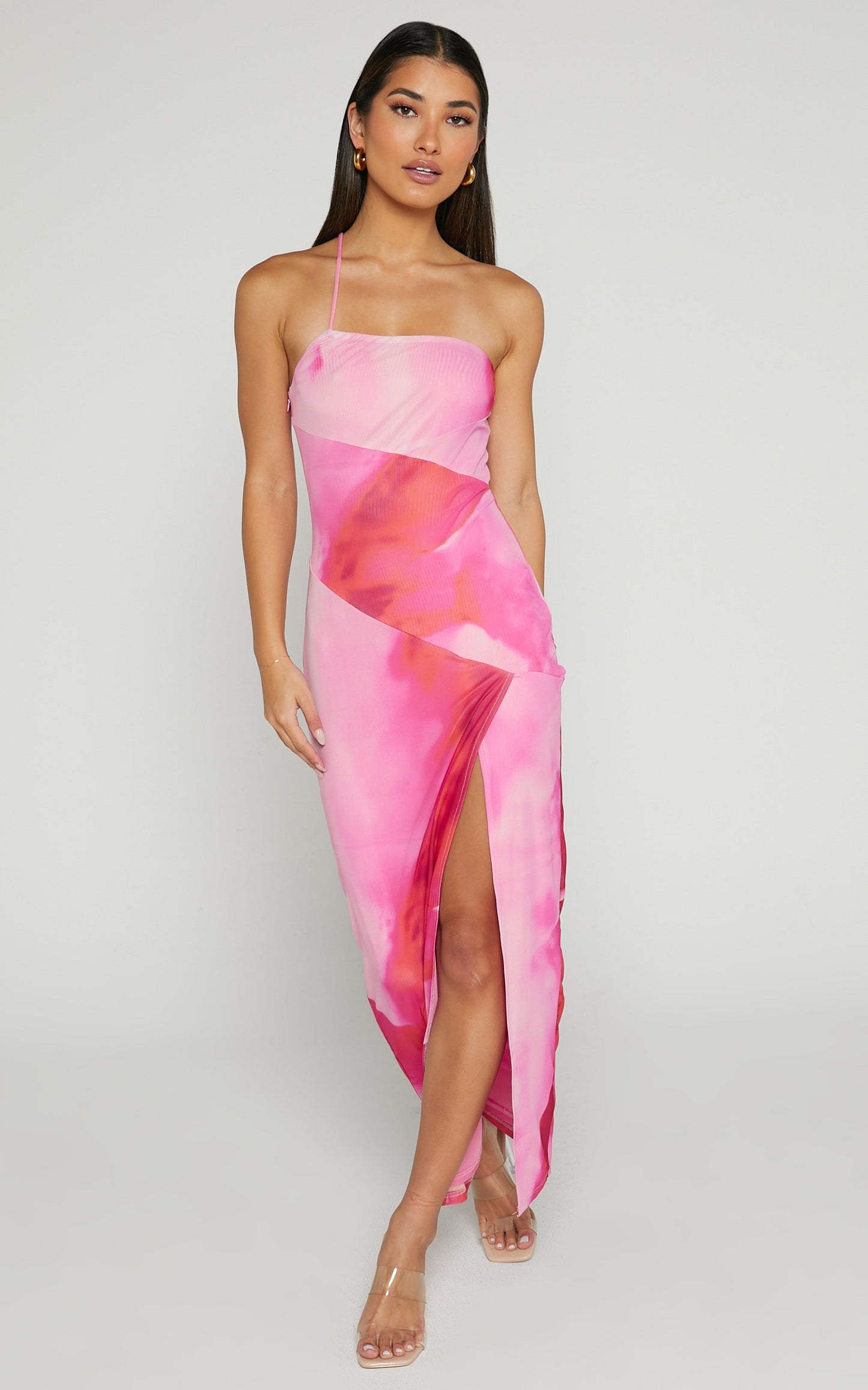 Johanne Midi Dress - Side Slit Bodycon Dress in Pink Blur Print