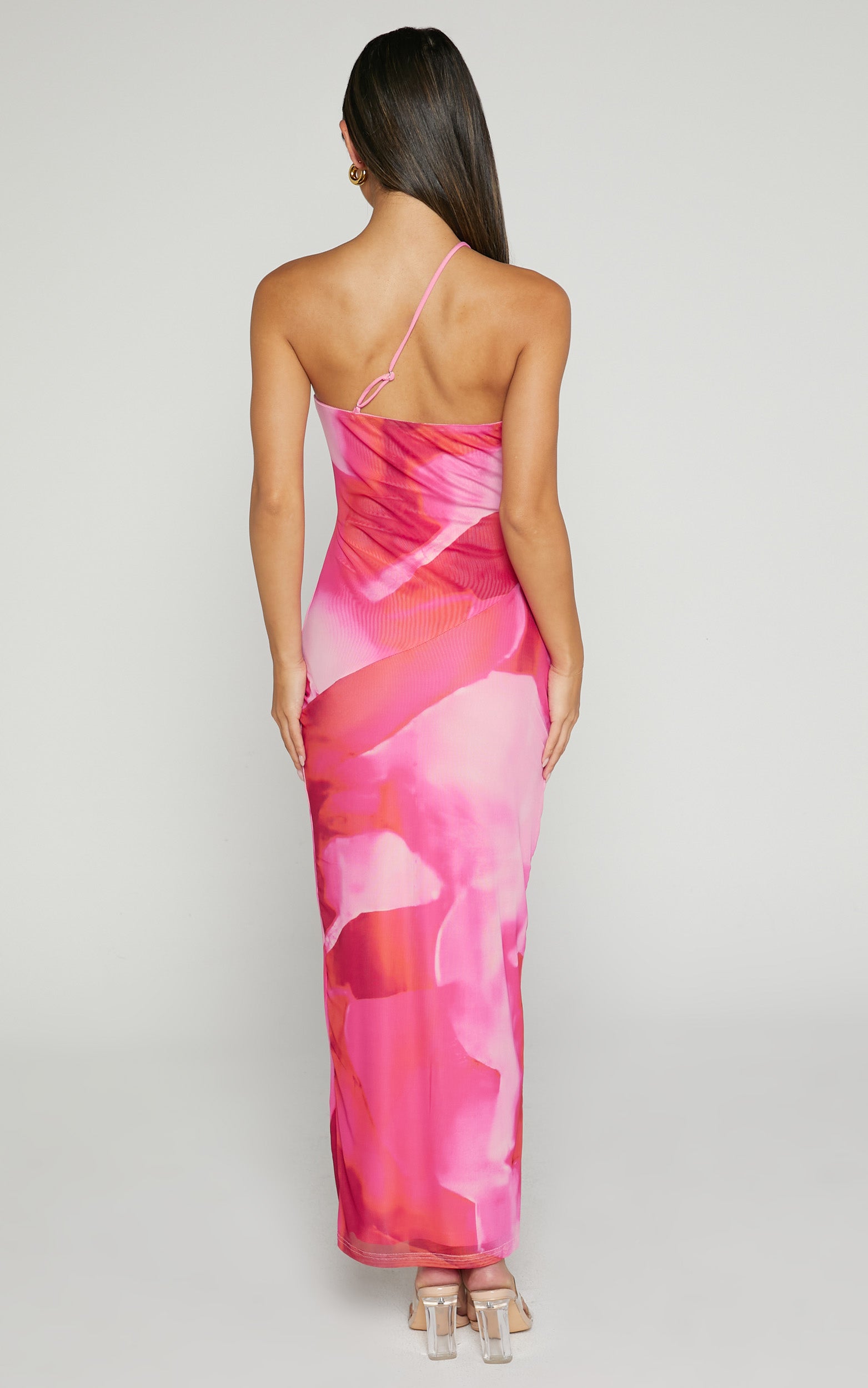 Johanne Midi Dress - Side Slit Bodycon Dress in Pink Blur Print