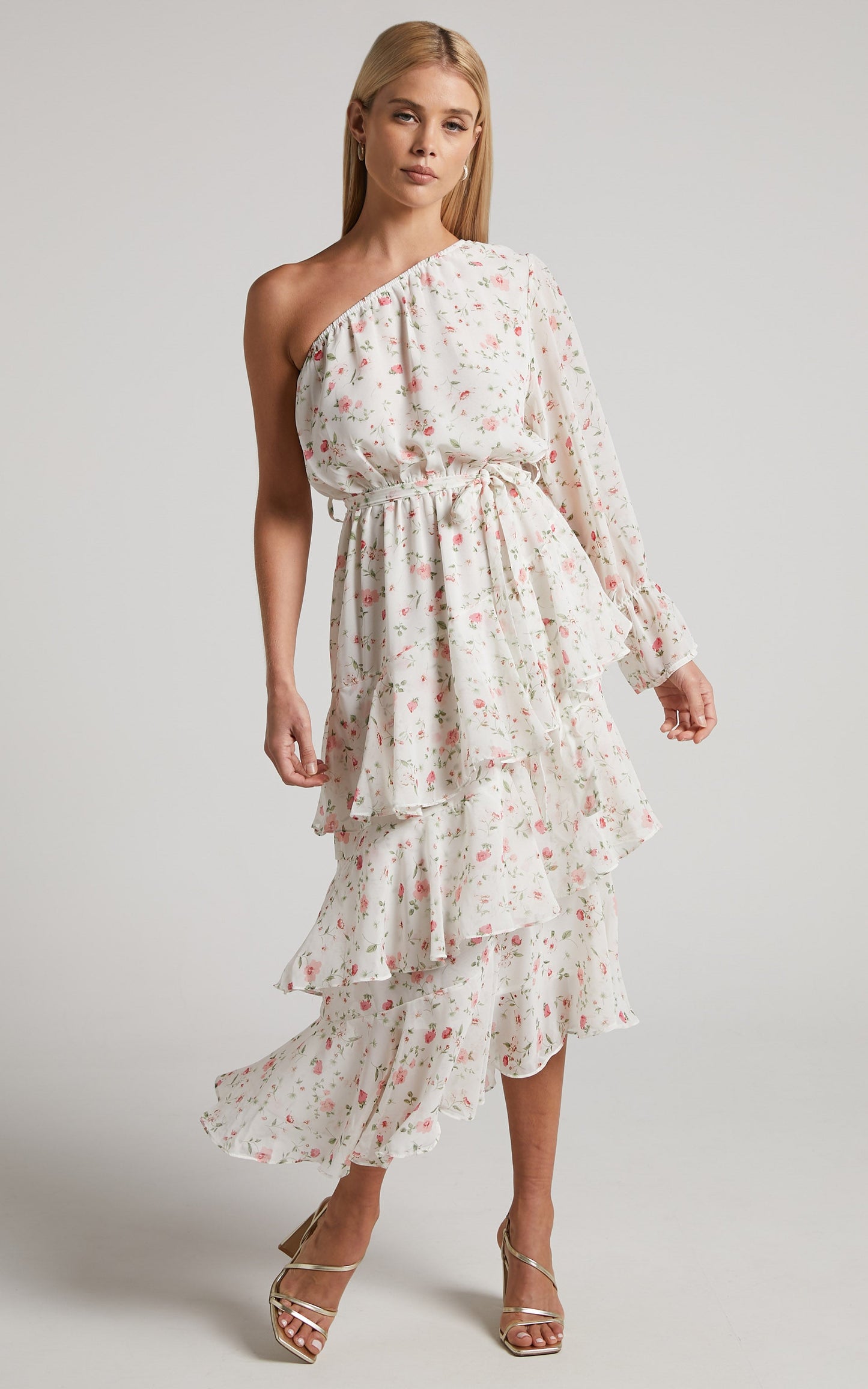 Jolene Midi Dress - Tiered One Shoulder Frill Dress in White Floral