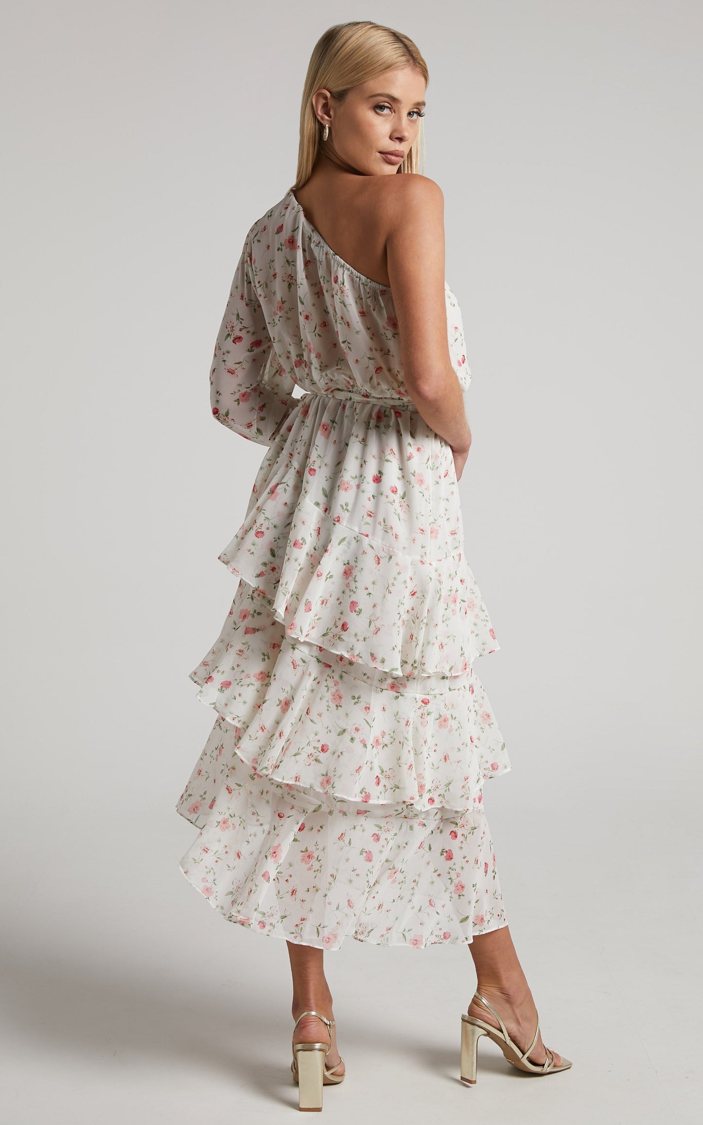 Jolene Midi Dress - Tiered One Shoulder Frill Dress in White Floral