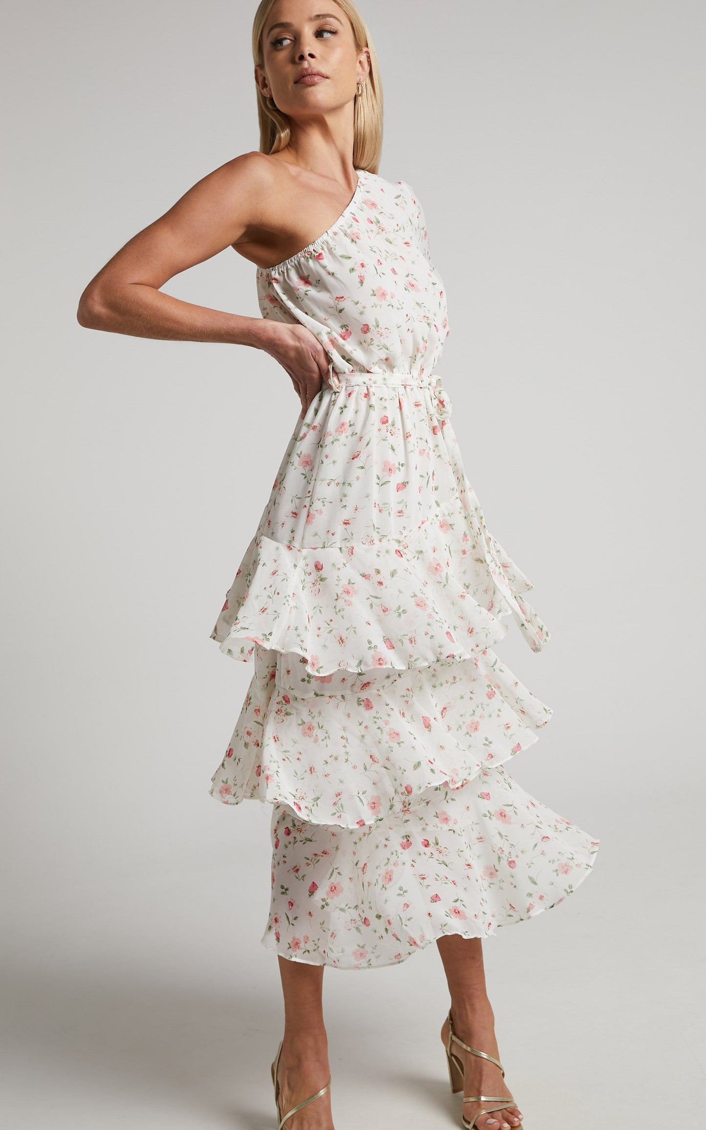 Jolene Midi Dress - Tiered One Shoulder Frill Dress in White Floral