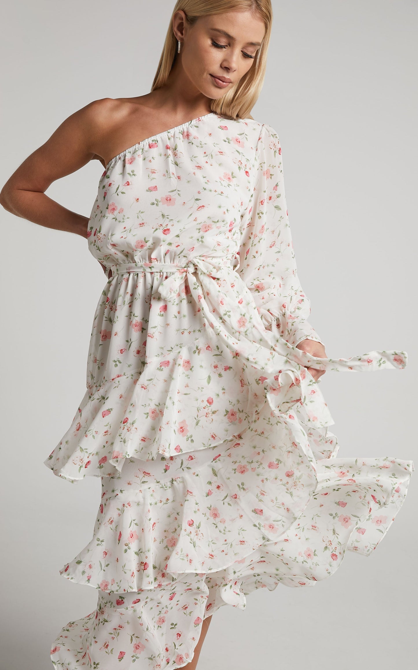 Jolene Midi Dress - Tiered One Shoulder Frill Dress in White Floral