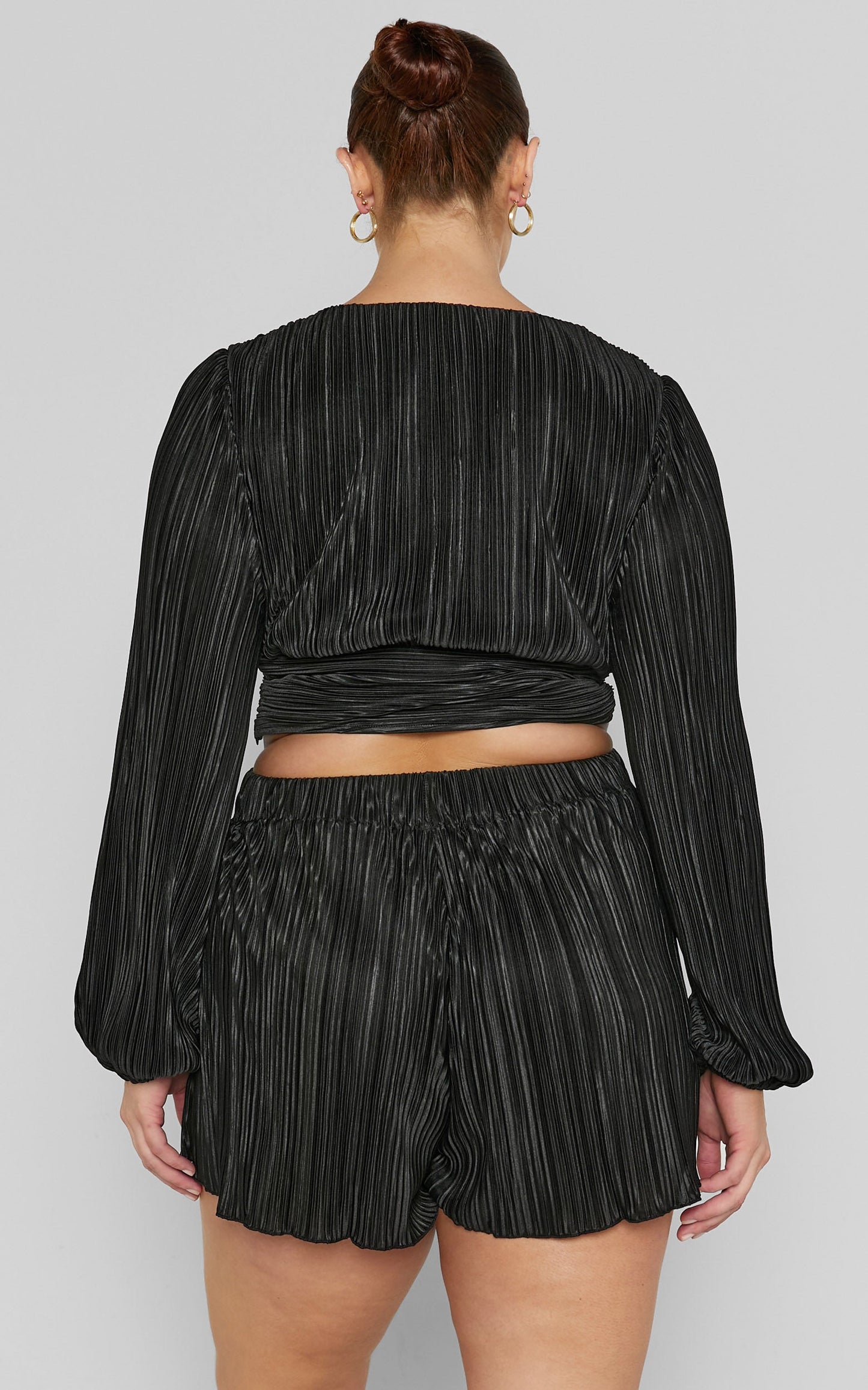 Jondra Blouse - Ruched Front Long Sleeve Plisse Blouse in Black