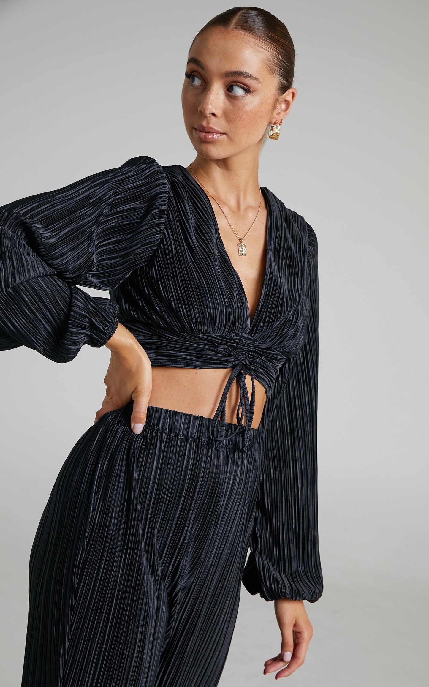 Jondra Blouse - Ruched Front Long Sleeve Plisse Blouse in Black