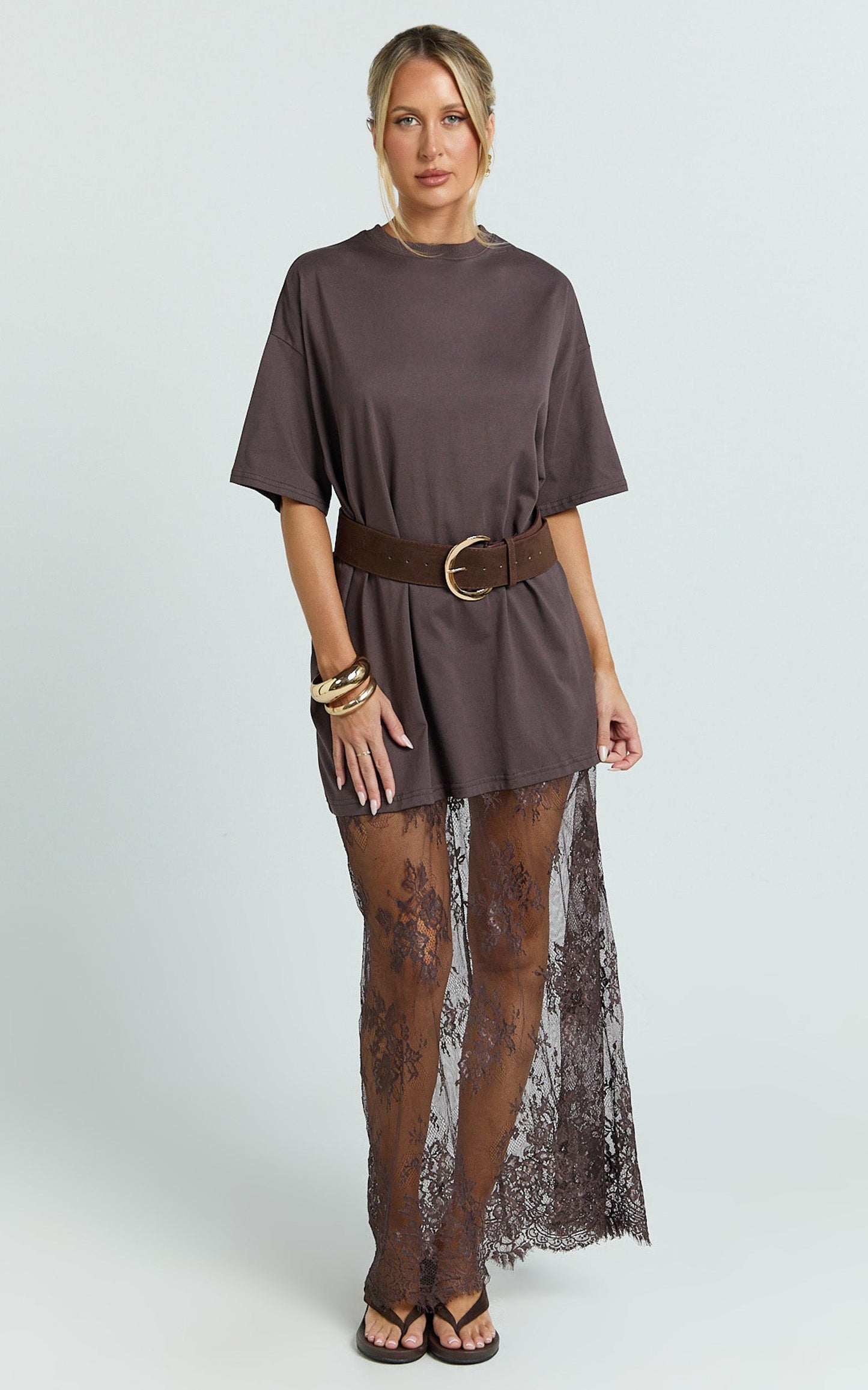 Jonna Midi Dress- Longline Lace Insert Tee in Chocolate