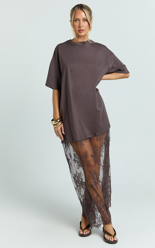 Jonna Midi Dress- Longline Lace Insert Tee in Chocolate