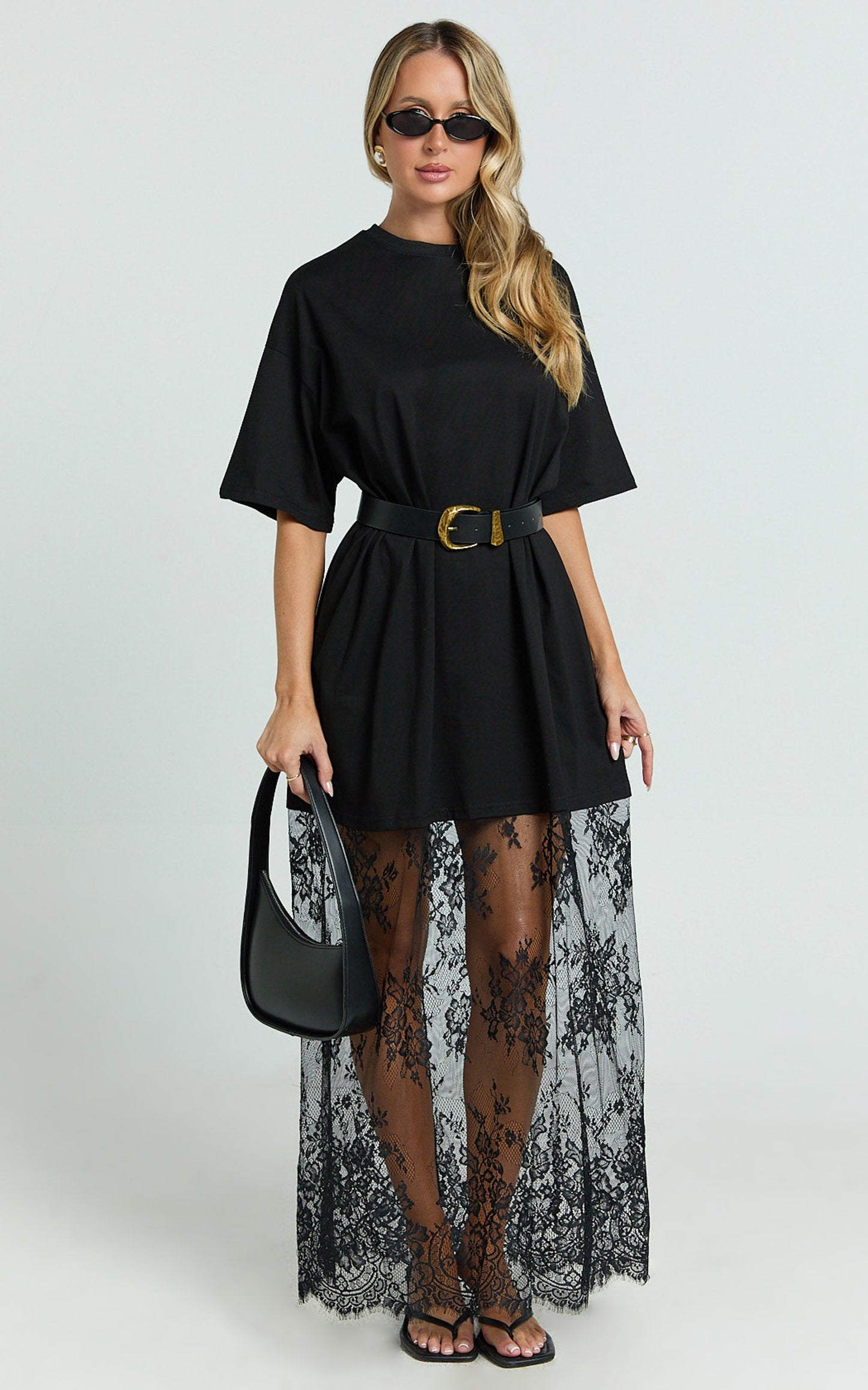Jonna Midi Dress- Longline Lace Insert Tee in Black