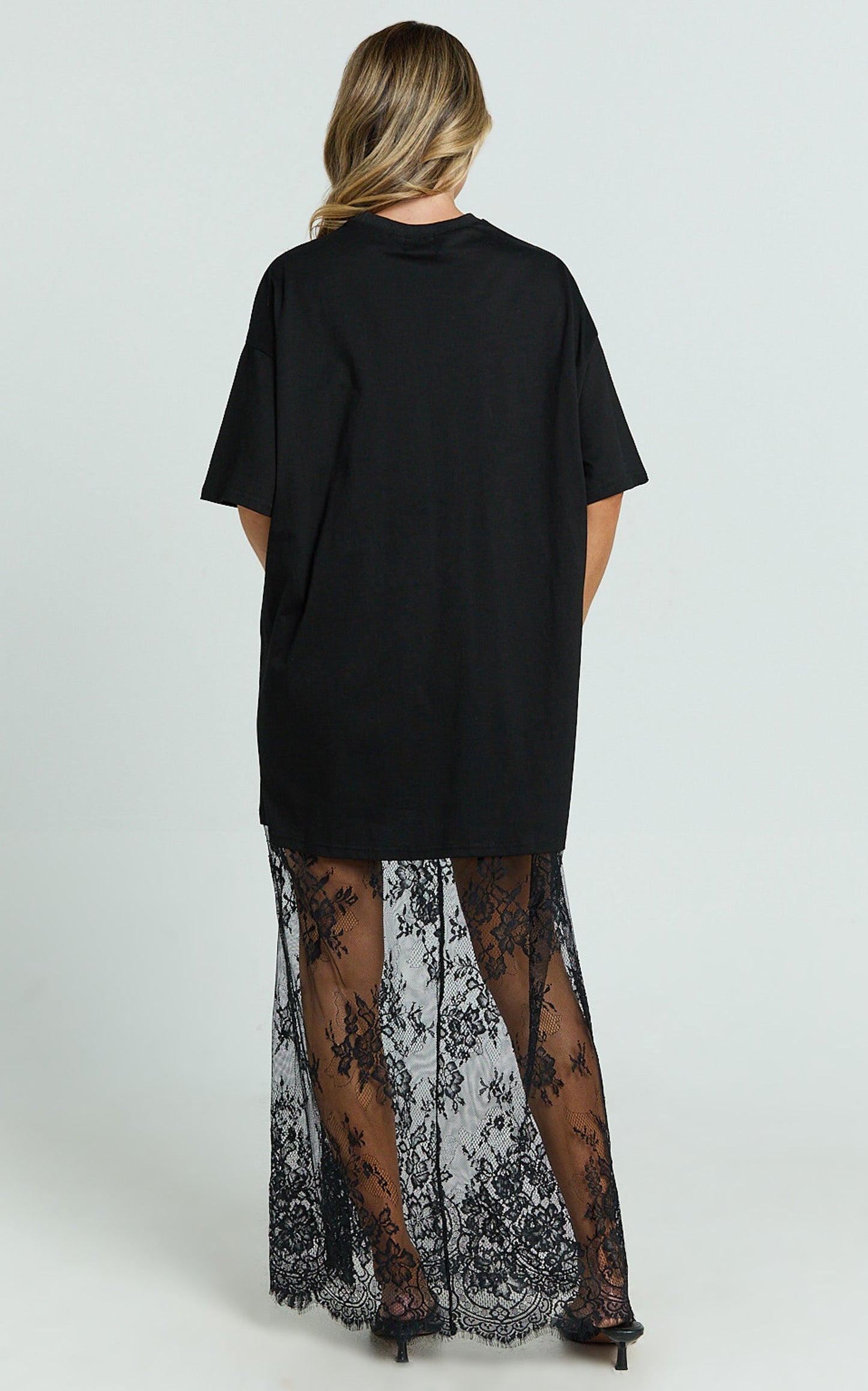 Jonna Midi Dress- Longline Lace Insert Tee in Black
