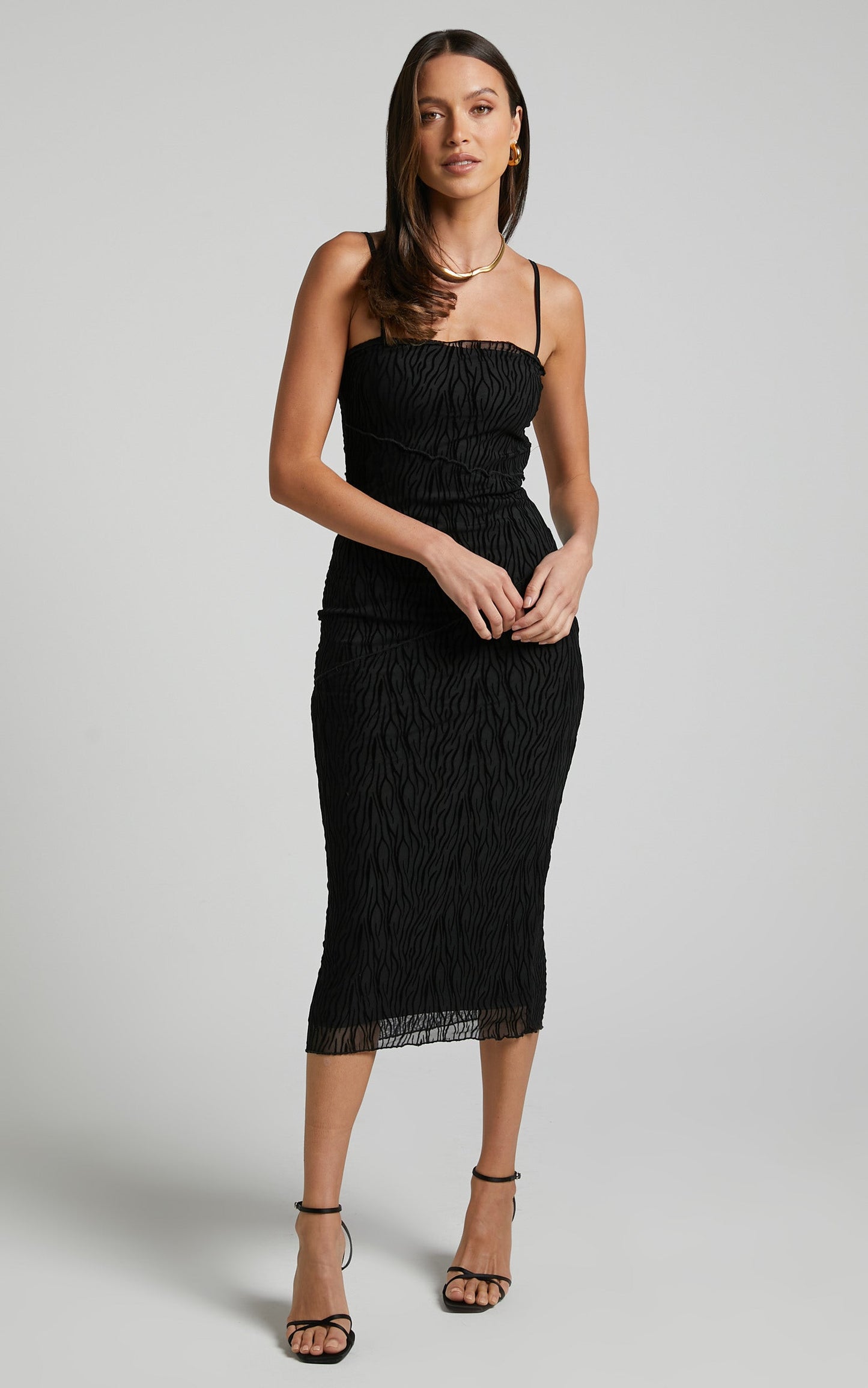 Jordana Midi Dress - Mesh Burnout Dress in Black