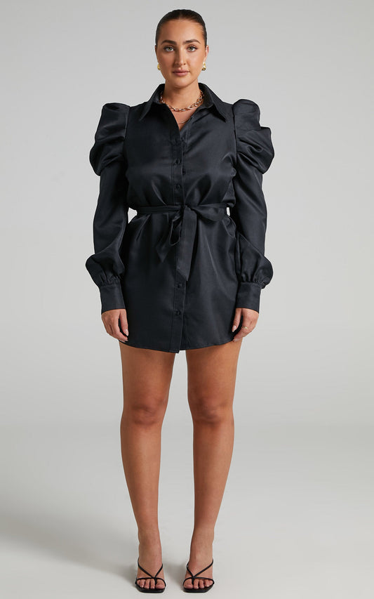 Jordie Mini Dress - Puff Sleeve Dress in Black