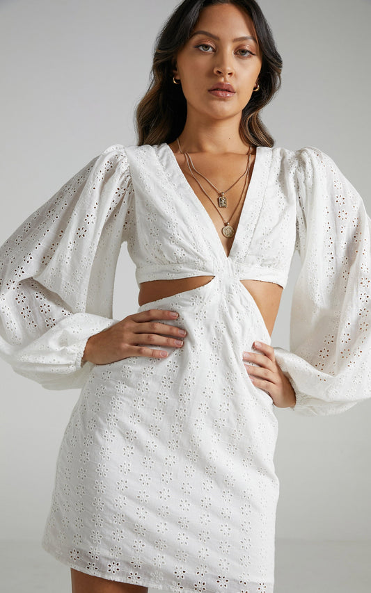 Jordyn Puff Sleeve Cut Out Mini Dress in White Embroidery Anglaise
