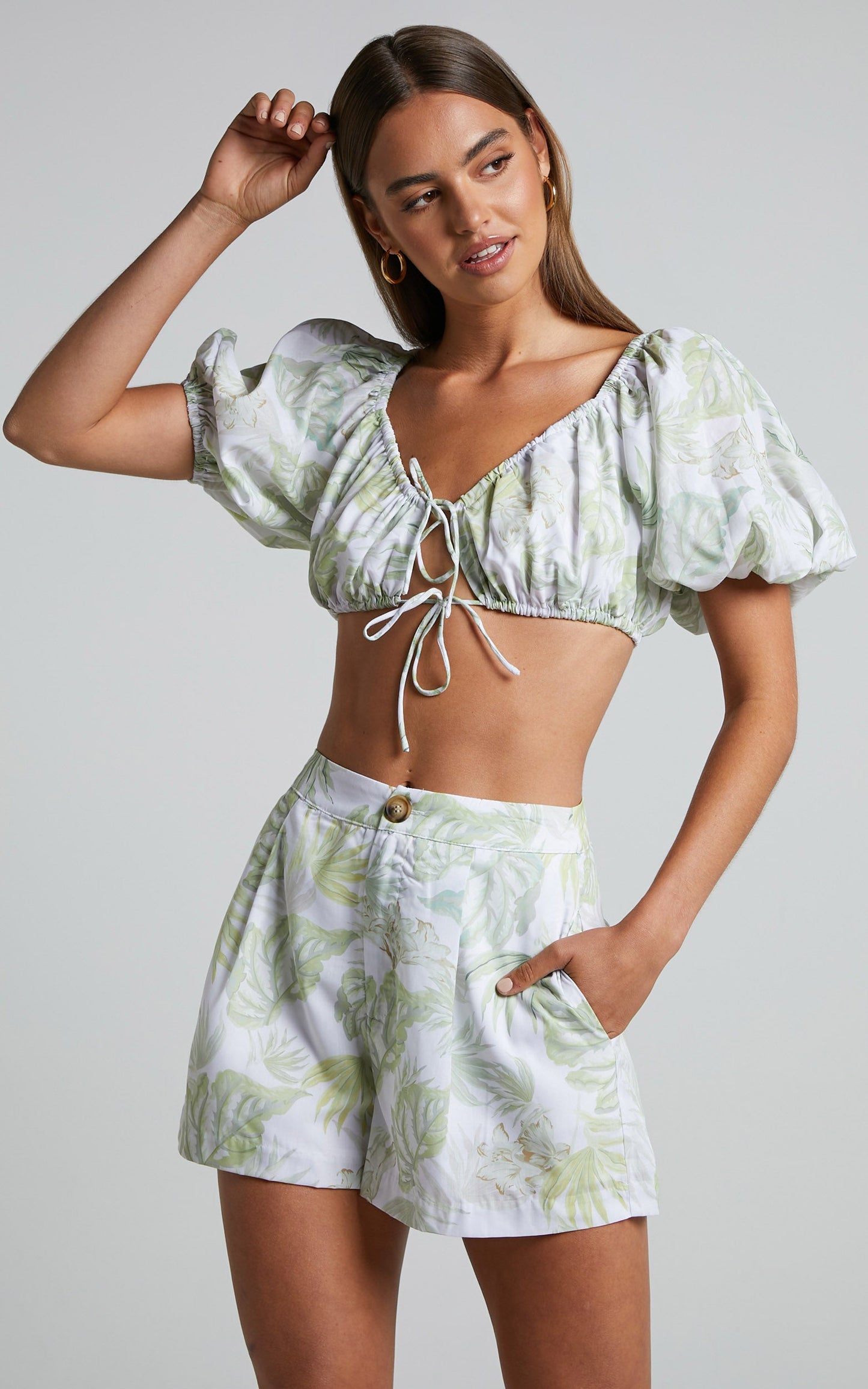 Jorina Top - Puff Sleeve Tie Up Crop Top in Tropical Palm