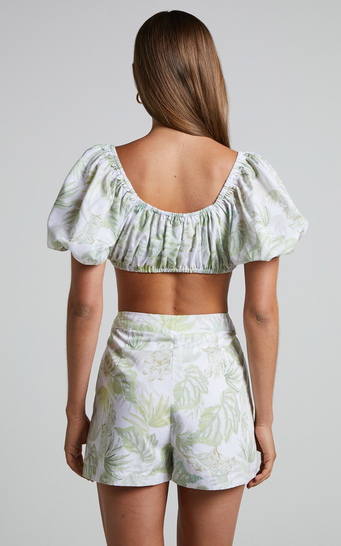 Jorina Top - Puff Sleeve Tie Up Crop Top in Tropical Palm