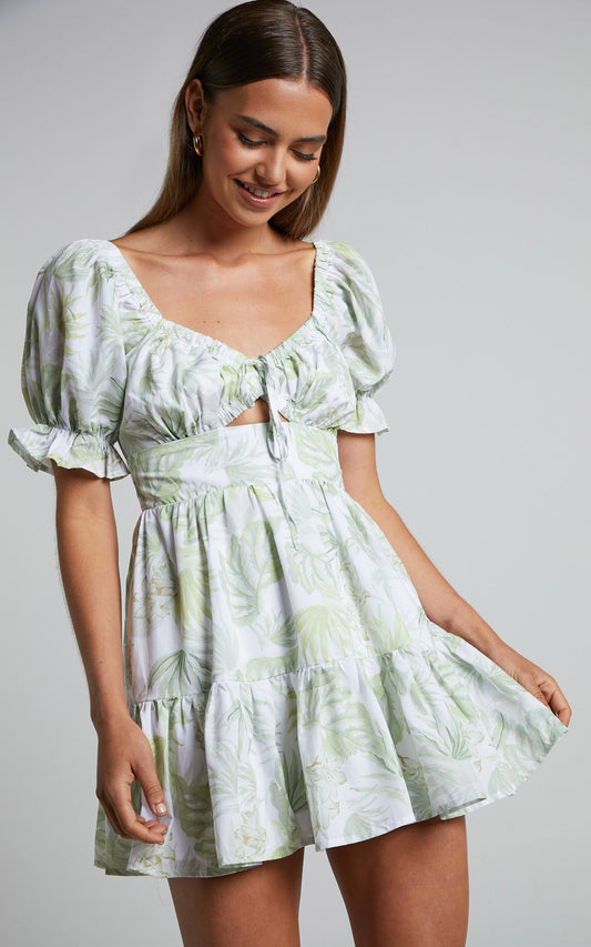 Jorina Mini Dress - Puff Sleeve Cut Out Dress in TROPICAL PALM