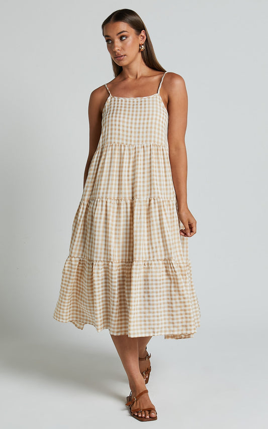 Jorjet Midi - Strappy Tiered Dress in Beige & White Check