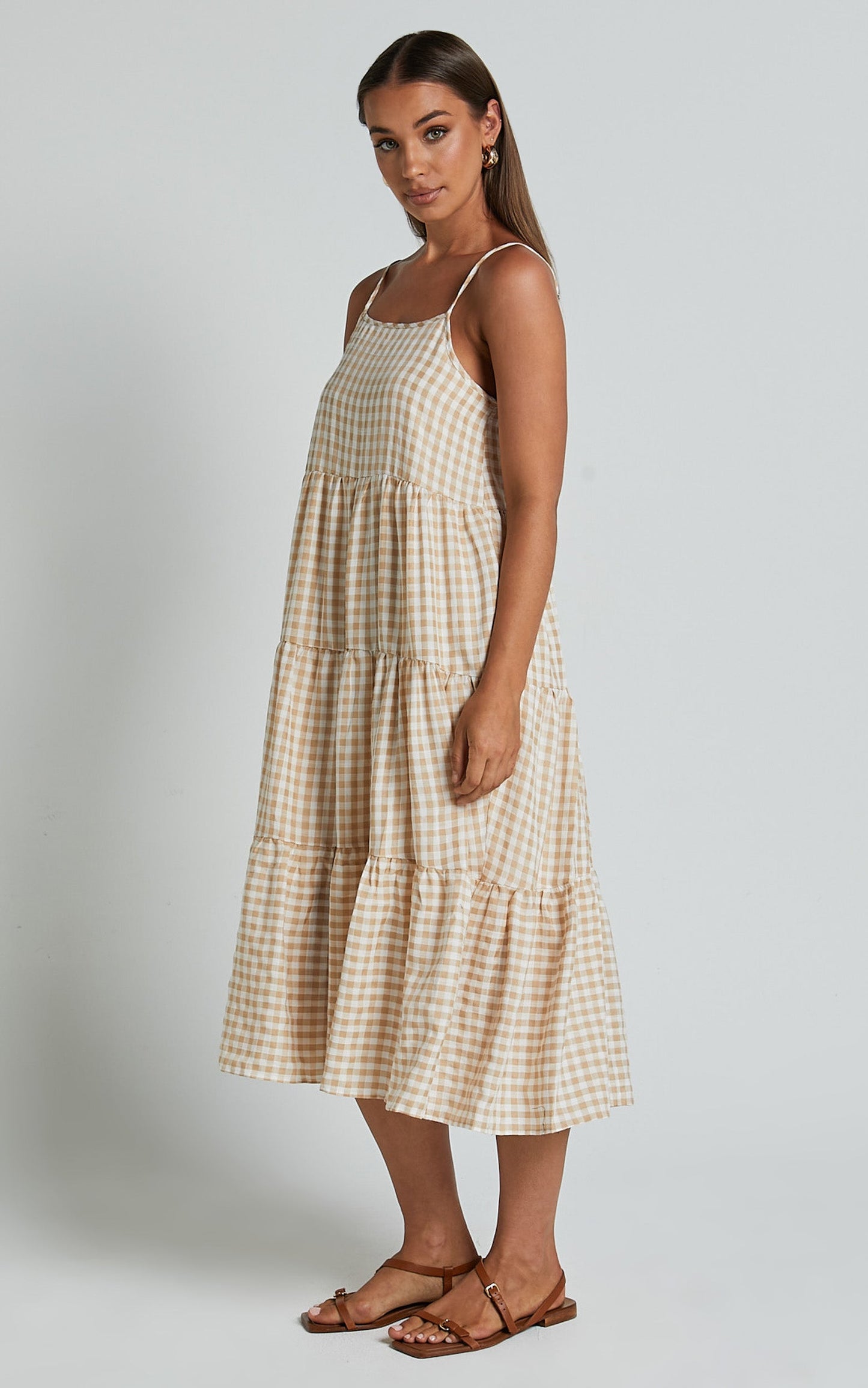 Jorjet Midi - Strappy Tiered Dress in Beige & White Check