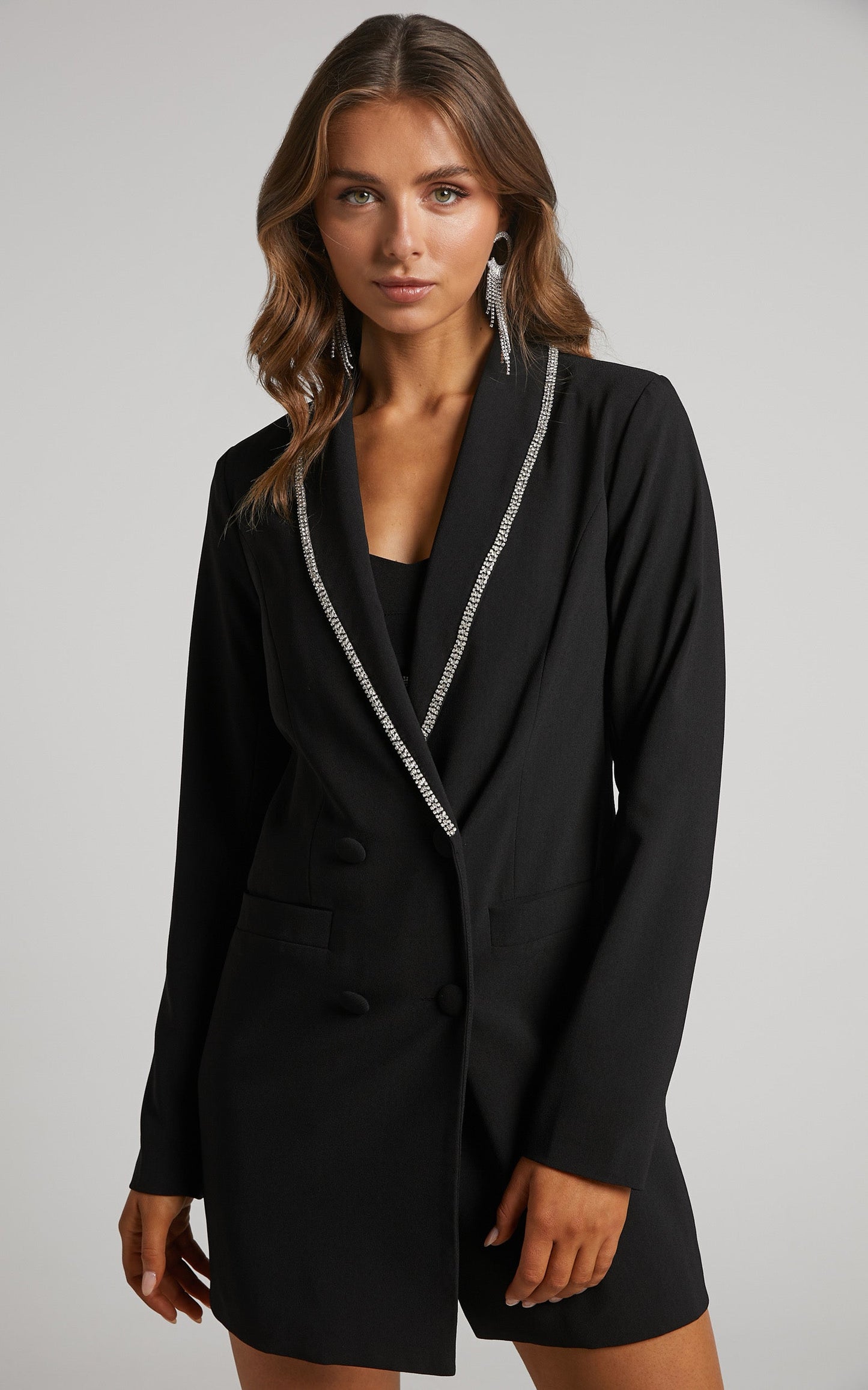 Josana Blazer Dress - Diamante Trim Double Breasted Mini Blazer Dress in Black