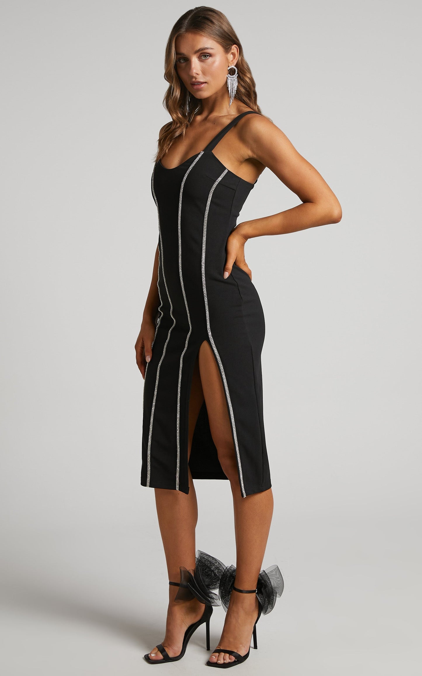 Josana Midi Dress - Diamante Trim Panelled Thigh Split Dress in Black