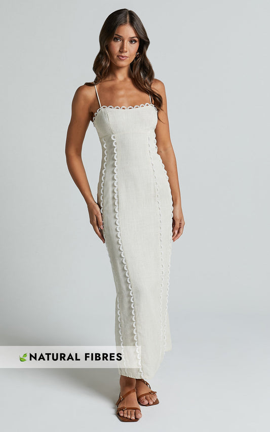 Josella Midi Dress - Strappy Linen Column Dress in Beige