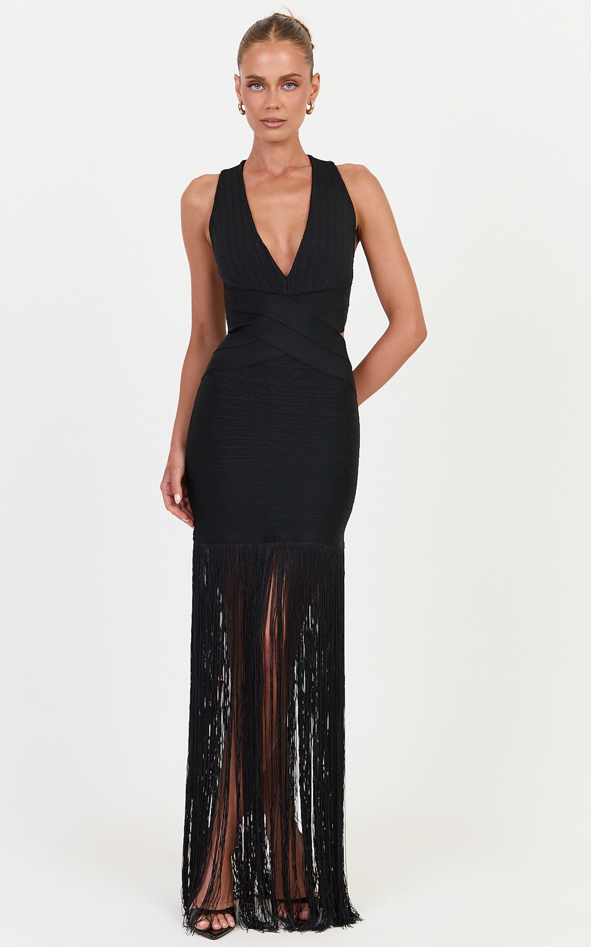 Josephine Maxi Dress - Halter Bandage Dress With Fringe Skirt in Black