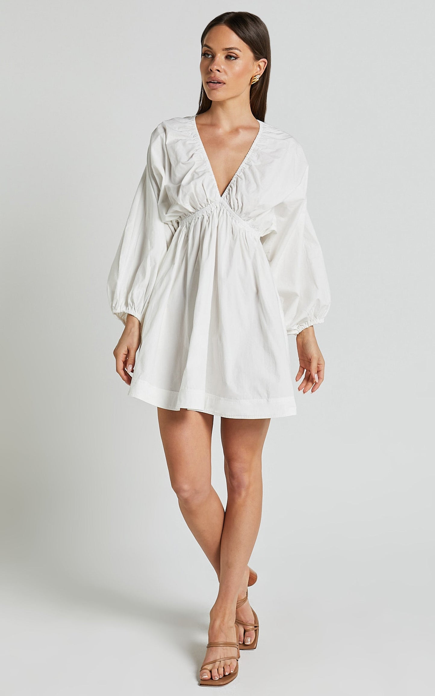 Josette Mini Dress - Plunge Neck Balloon Sleeve Smock Dress in Off White