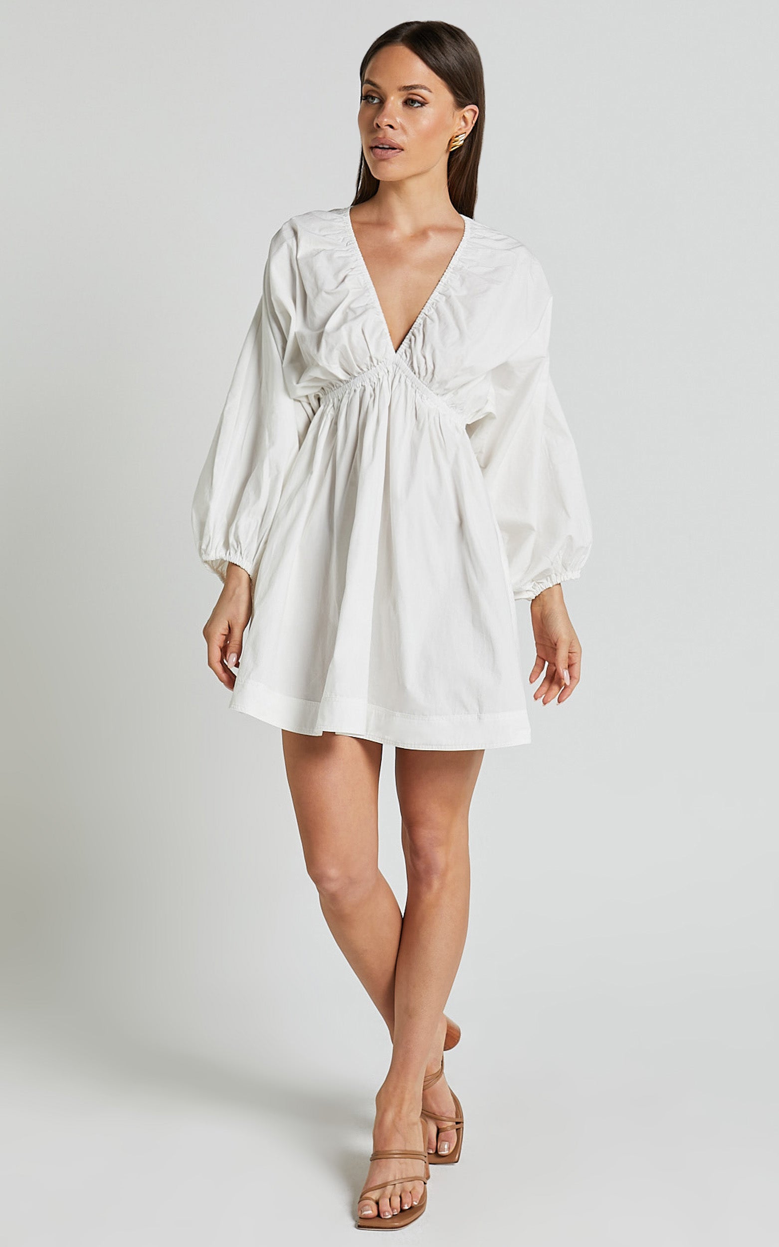 Josette Mini Dress - Plunge Neck Balloon Sleeve Smock Dress in Off White