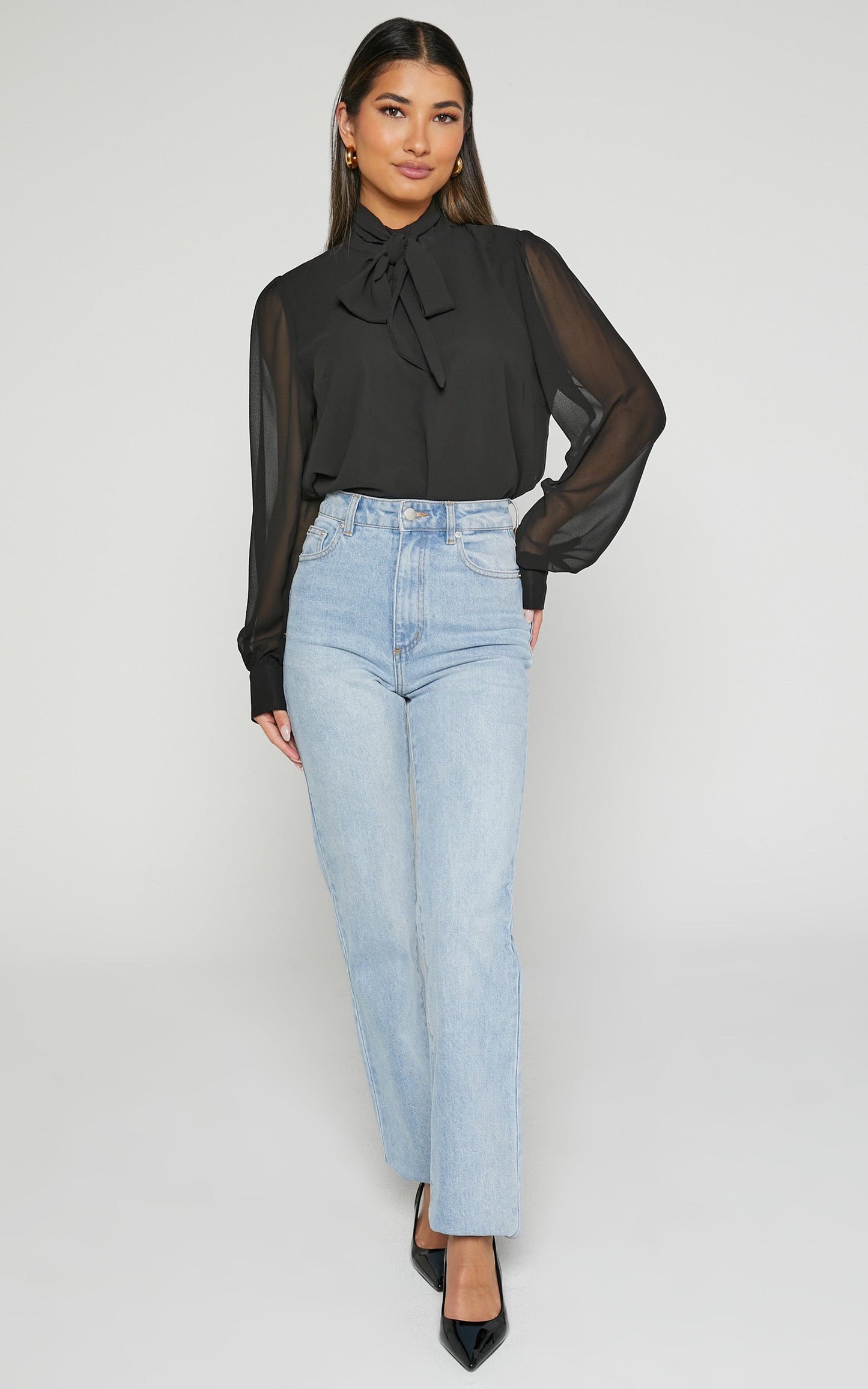 Josie Blouse - Neck Tie Long Sleeve Cuffed Blouse in Black