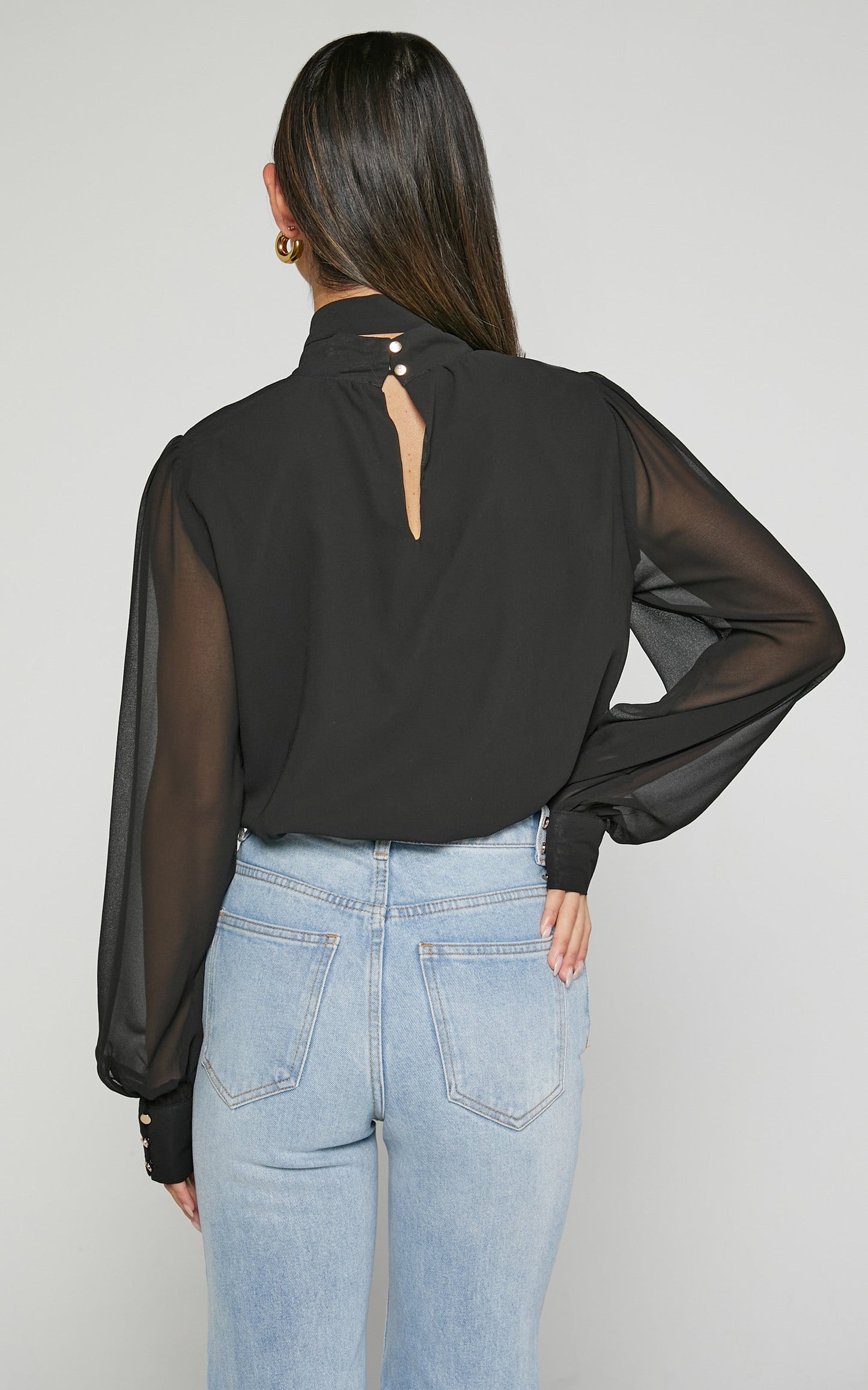 Josie Blouse - Neck Tie Long Sleeve Cuffed Blouse in Black
