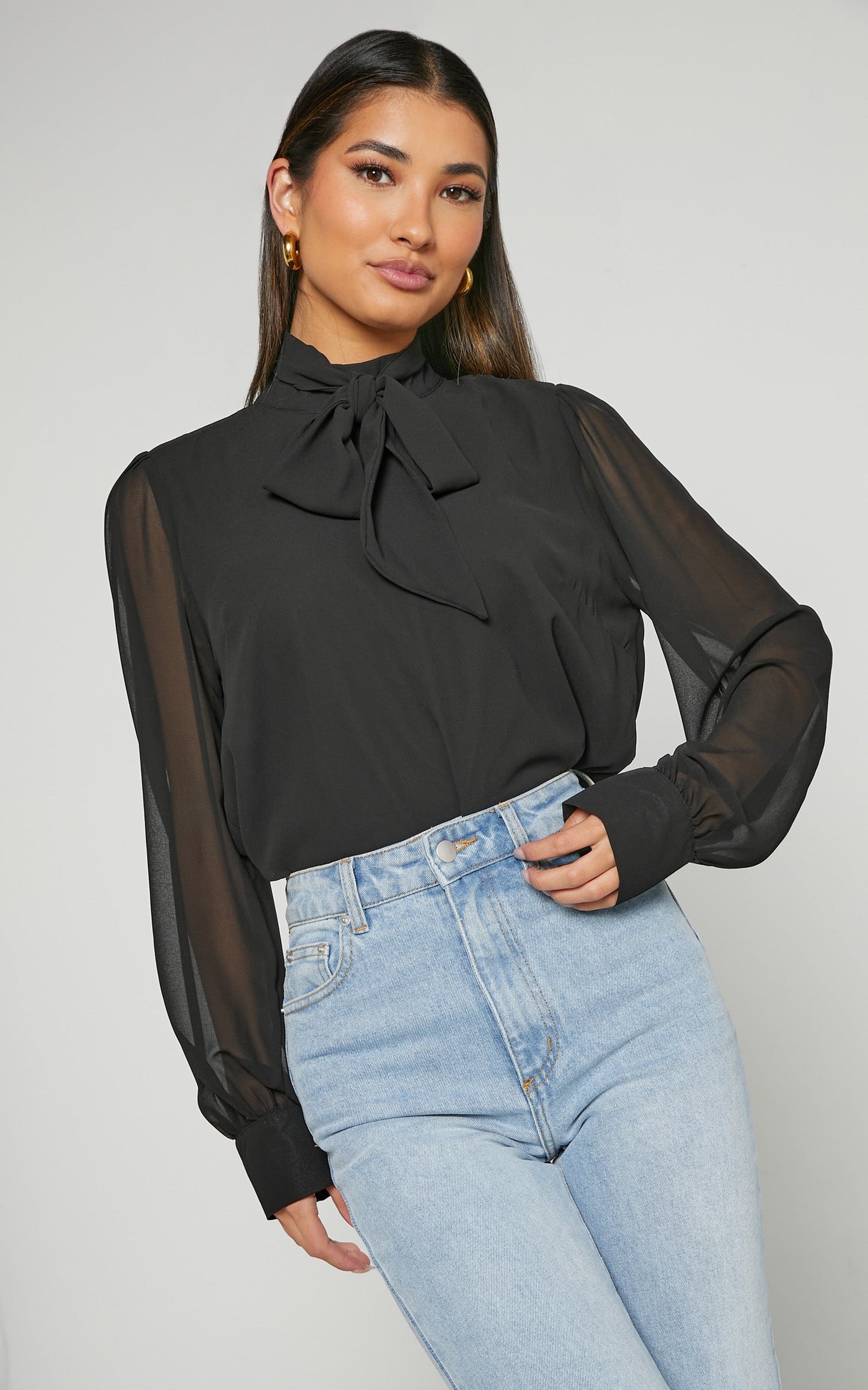 Josie Blouse - Neck Tie Long Sleeve Cuffed Blouse in Black