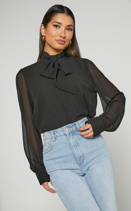 Josie Blouse - Neck Tie Long Sleeve Cuffed Blouse in Black