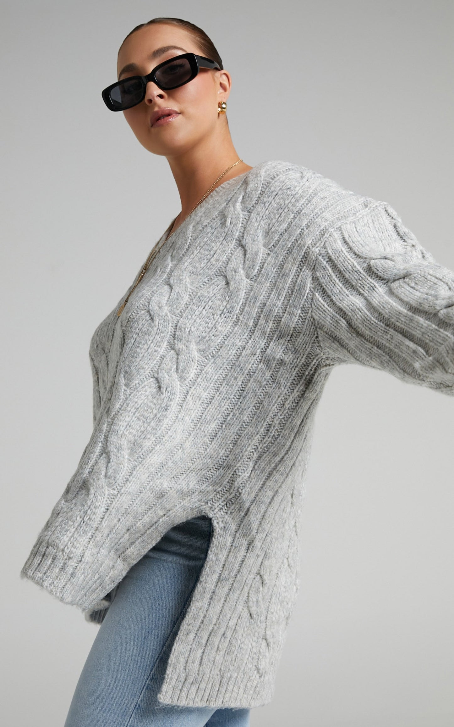 Josie Jumper - V Neck Oversized Cable Knit Jumper in Grey Marle